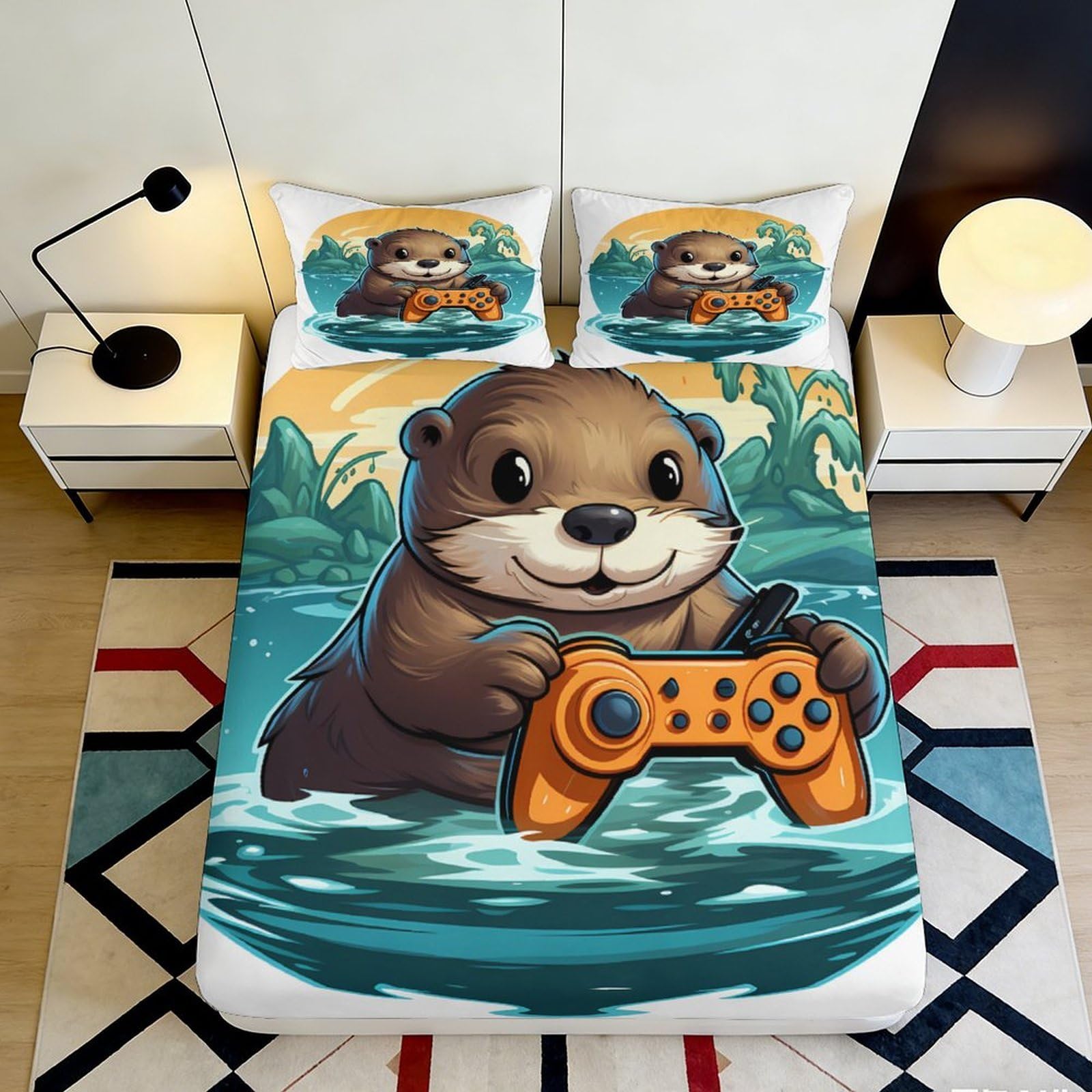 3D Printed Otter Gaming Fitted Sheet Microfiber Non-Slip Mattress Cover Cartoon Decor for Bedroom Guest Room 160x200x25cm