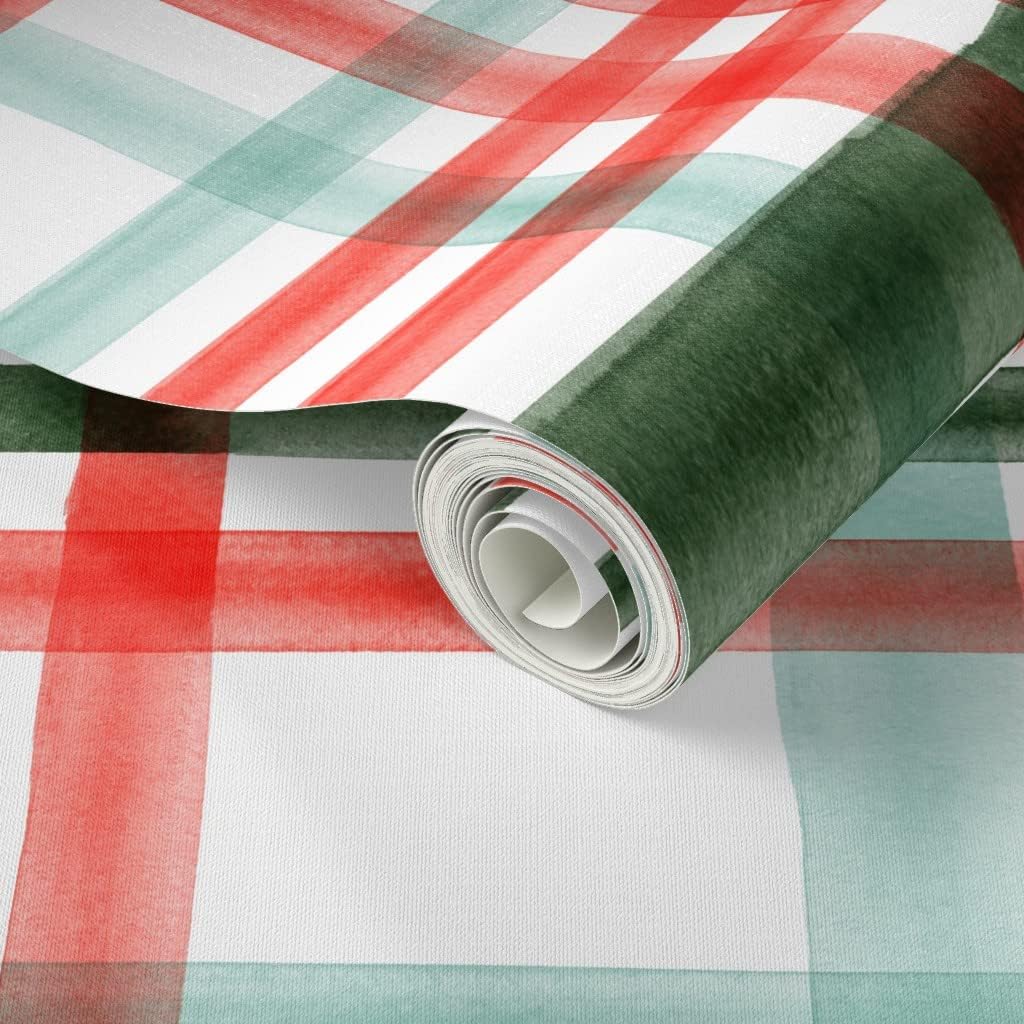 Spoonflower Peel & Stick Wallpaper 3ft x 2ft - Christmas Watercolor Plaid Mint Green Red Traditional Winter Season Custom Removable Wallpaper
