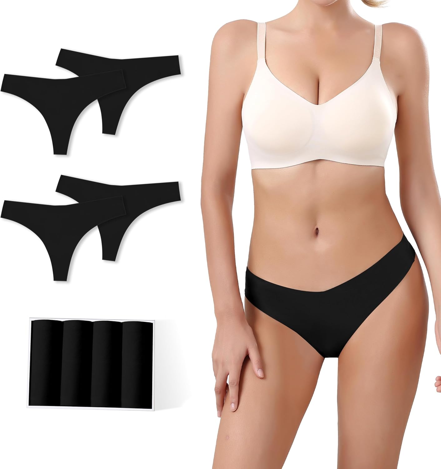 Seamless Thongs For Women V-waisted No Show Thong Seamless Panties Breathable Comfortable Underwear Womens 4-Pack.
