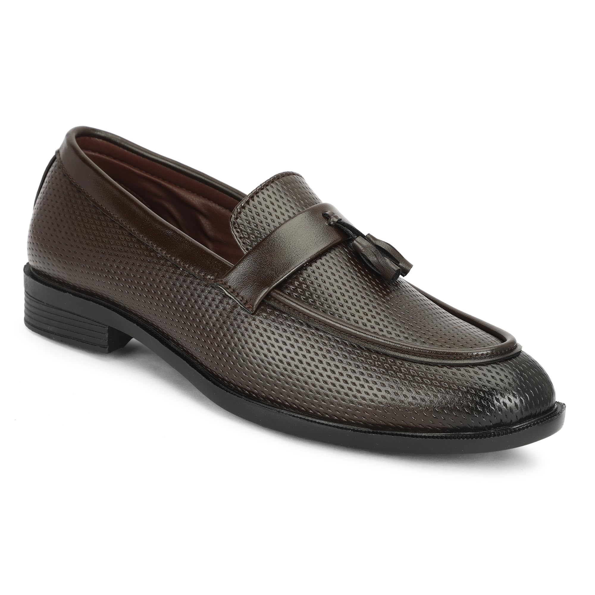Men's Black Textured Leather Tassel Loafers – Stylish Slip-On Formal Shoes for Office-image-44