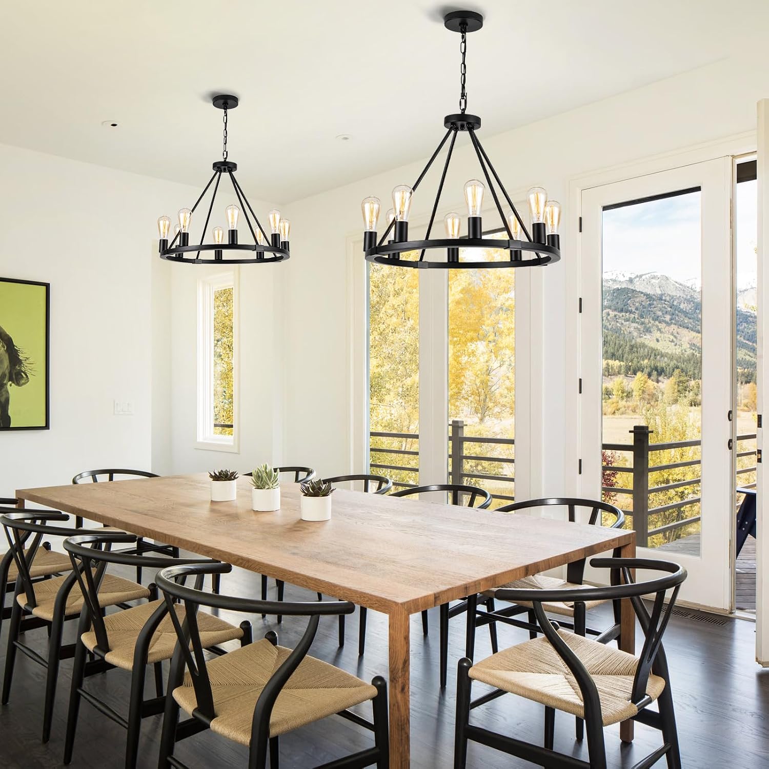 Neatmeat Black Wagon Wheel Chandelier 23 inch,8 Lights Farmhouse Wagon Wheel Chandeliers, Round Industrial Ceiling Light fixtures for Porch High Ceiling Living Dining Room Foyer Entryway,E26