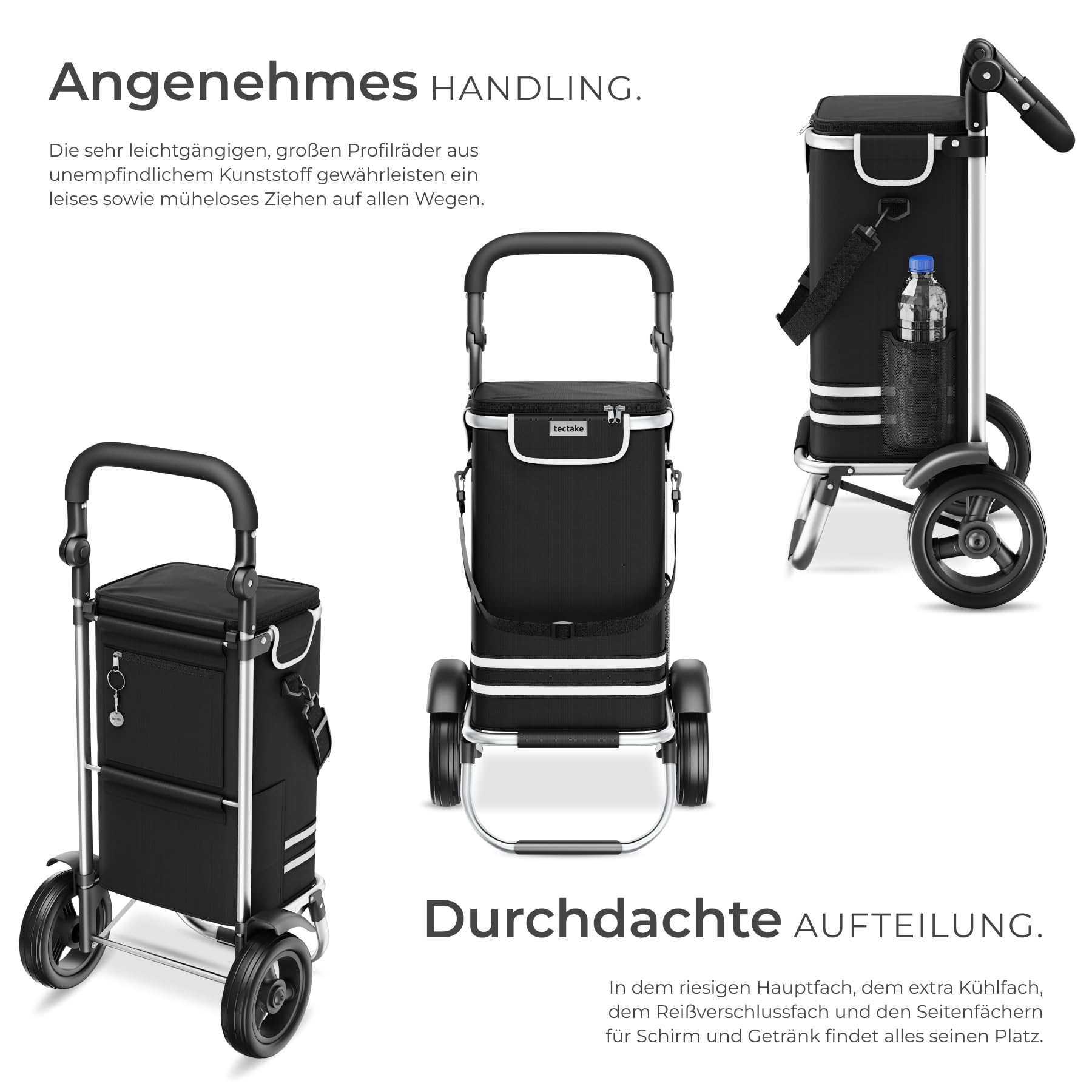 tectake® Einkaufstrolley 3-in-1 klappbar mit Kühltasche, 30 kg belastbar, 45,5 L, Einkaufsroller, Shopper, Sackkarre, Umhängetasche, Trolley Tasche, höhenverstellbarer Griff, Alu Gestell - schwarz