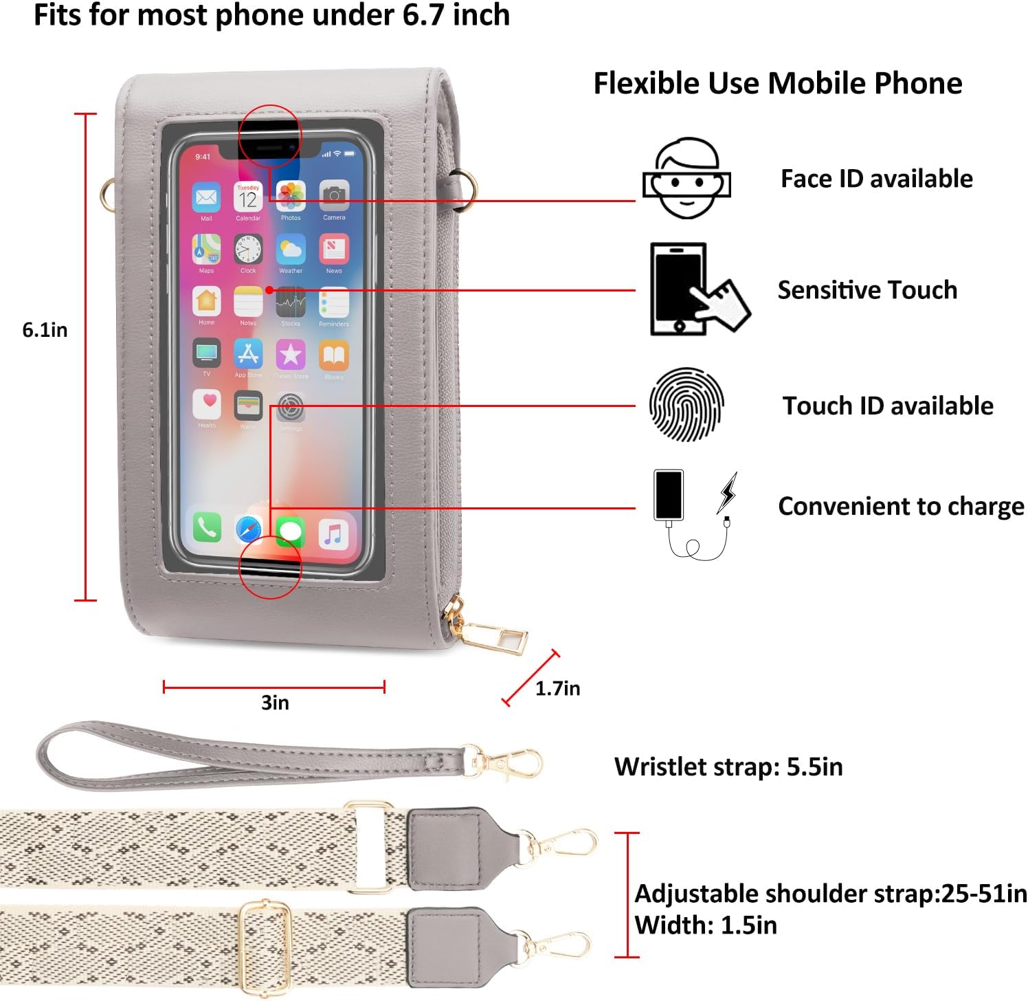 CrossBody Bags with Touchscreen Cell Phone Purse Window Zipper Pocket,RFID Blocking Card Holder iPhone bag for Women - Image 3