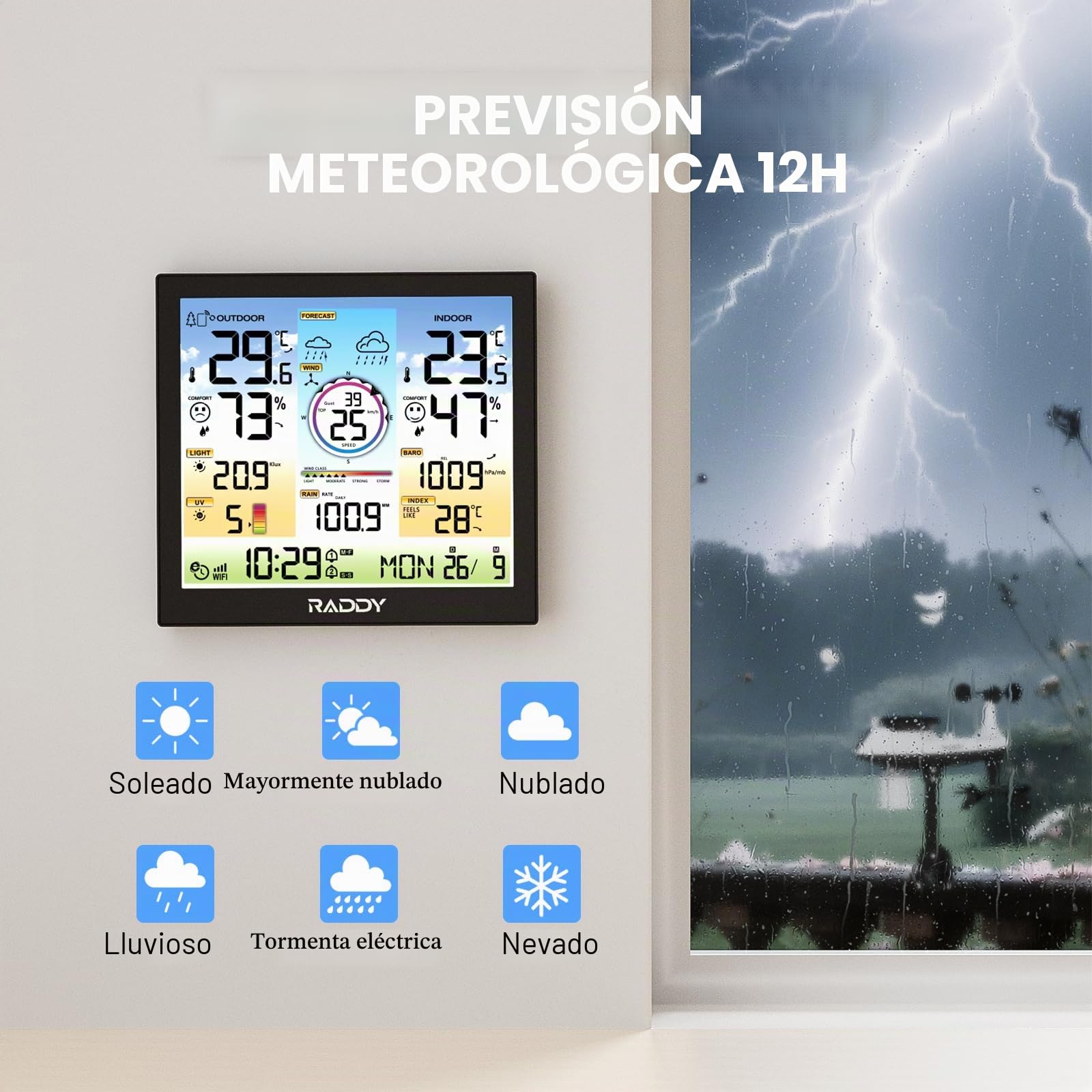 Raddy WF-120C WiFi Estación meteorológica profesional inalámbrica, Monitor de temperatura y humedad para interiores y exteriores con sensor exterior 7 en 1, Pronóstico del tiempo e índice UV
