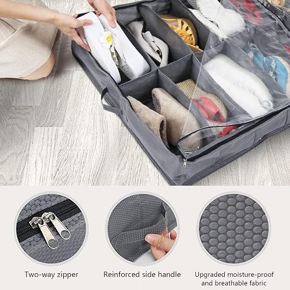Under Bed Shoe Storage Organizer-Set of 2, Under Bed Shoe Storage Box with Lid Fits 24 Pairs Total - Clear Foldable Underbed Storage Solution Gray
