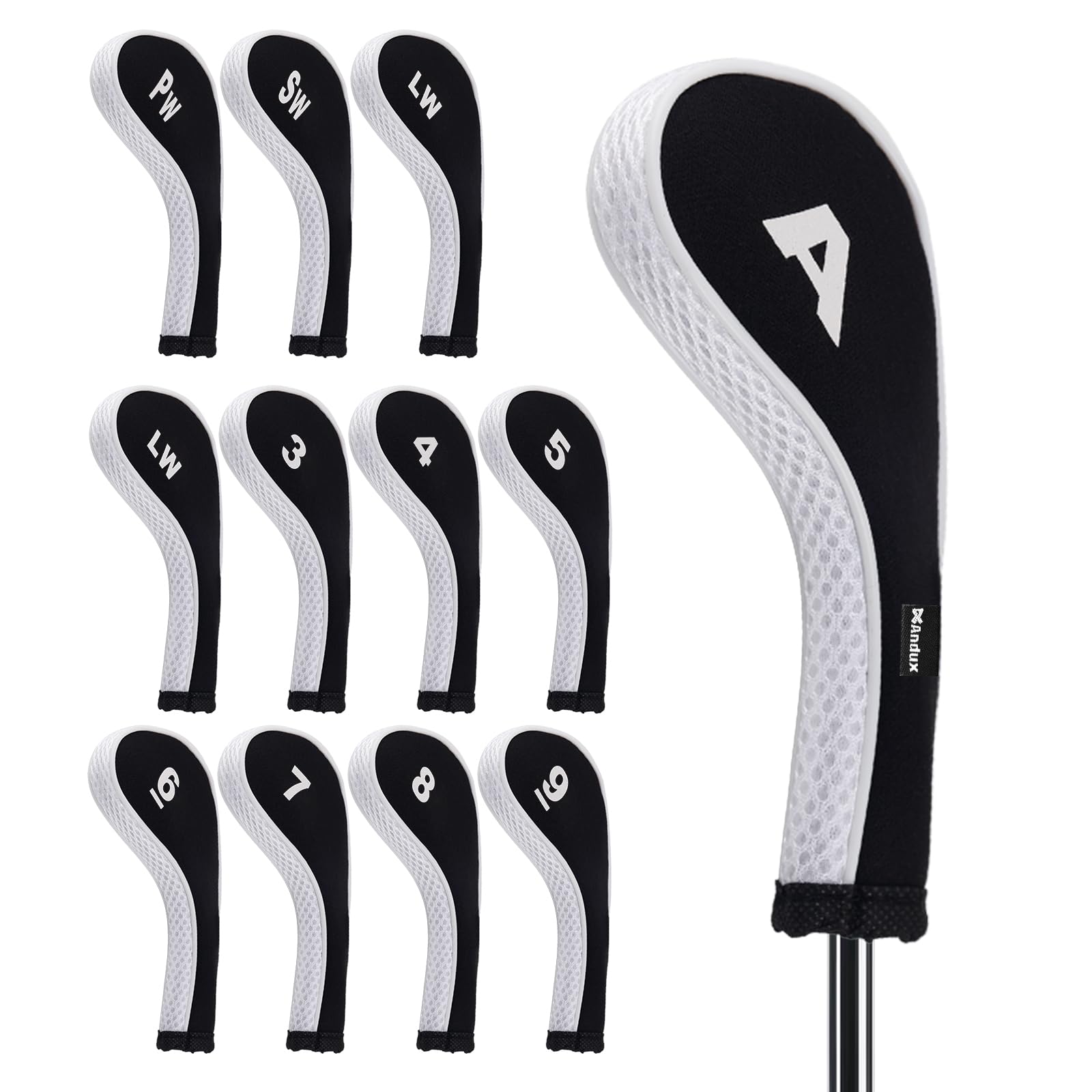 Andux La Tête de Club de Fer de Golf d'impression de Nombre Couvre Le Long Cou avec la Tirette Lot de 12 Noir/Blanc