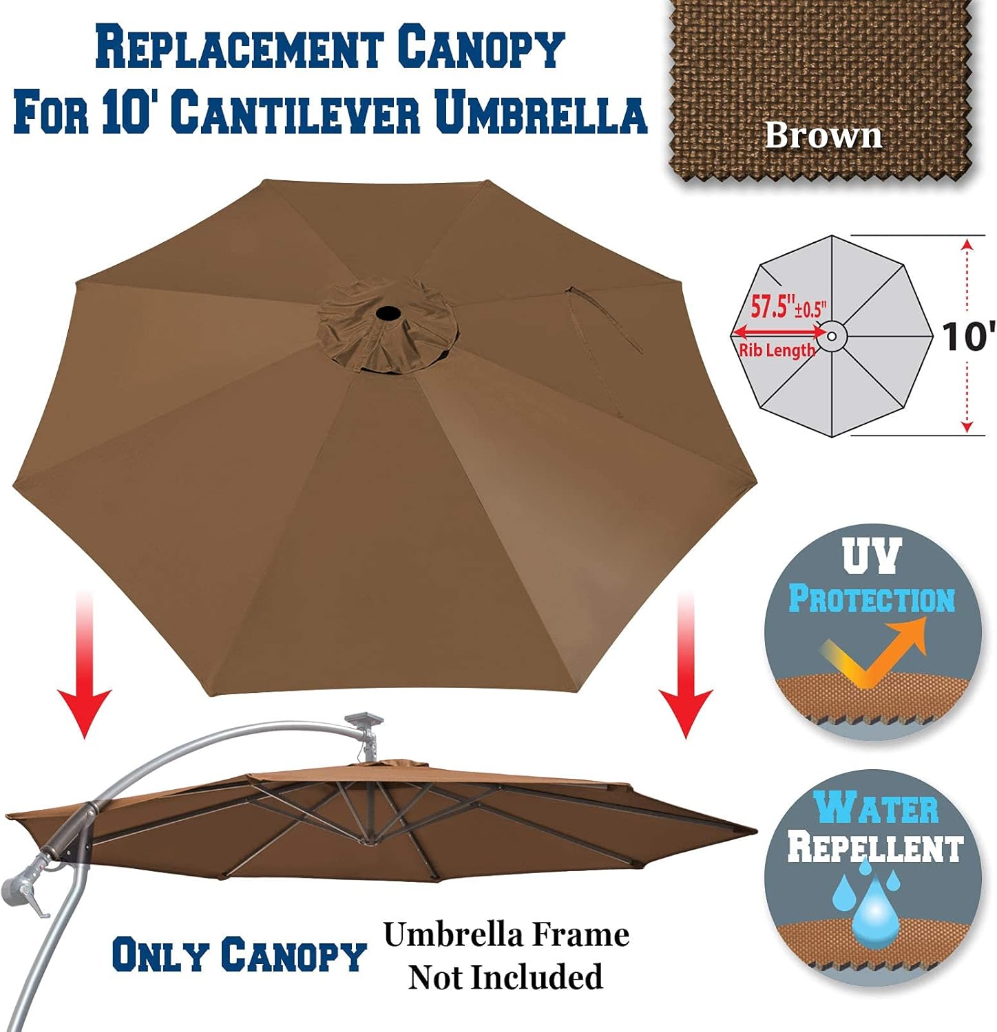 BenefitUSA Replacement Canopy Cover for 10' Cantilever Patio Umbrella Offest Parasol Top Cover (Brown)