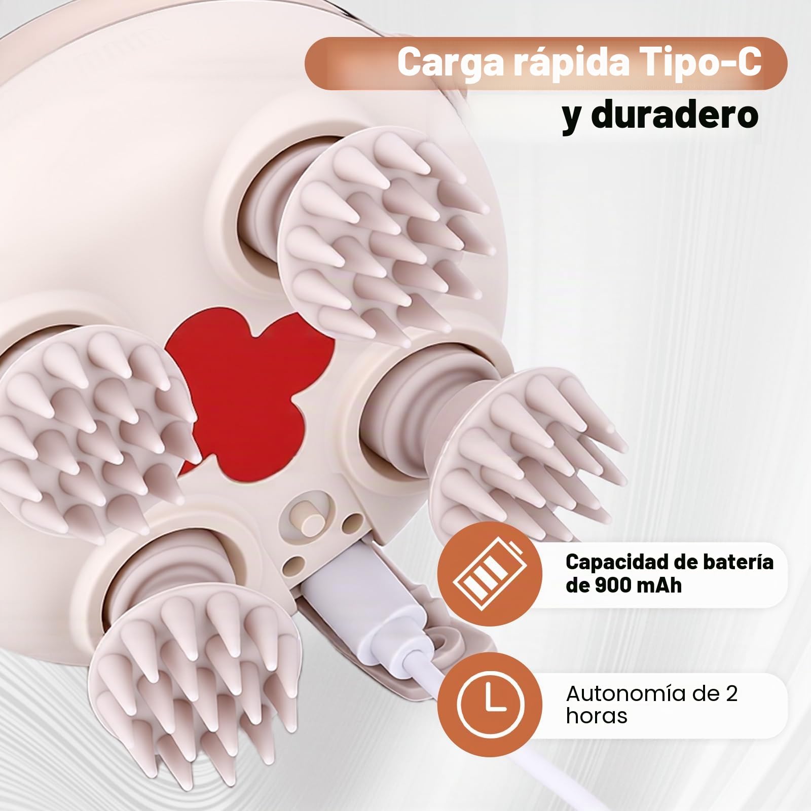 Masajeador Eléctrico Inteligente para Cuero Cabelludo - Inalámbrico, Impermeable IPX7, 8 Cabezales de Silicone Intercambiables, Luz Roja, Cuidado Capilar y Relajación Corporal