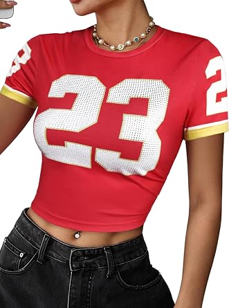 LovelyWholesale Womens Graphic Crop Tops Rhinestone Short Sleeve Slim Fit Jersey Shirt