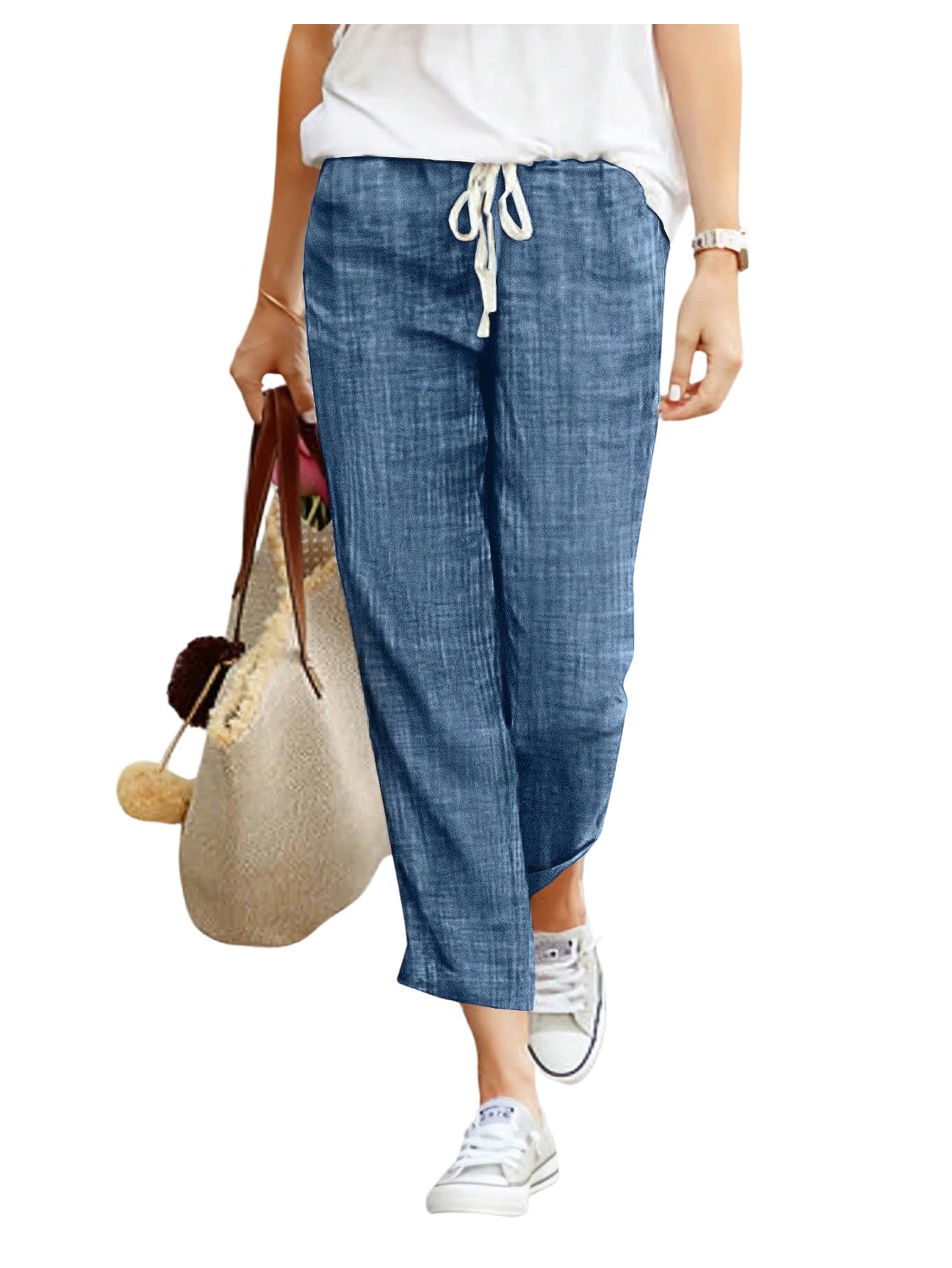 OYOANGLE Womens Linen Capri Pants Drawstring Waist Straight Leg Pants Lightweight Palazzo Trousers