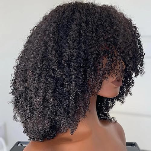 Miniatura 3 de Peluca de cabello humano rizado afro con flequillo hecha a máquina peluca superior del cuero cabelludo sin pegamento virgen brasileño afro rizado