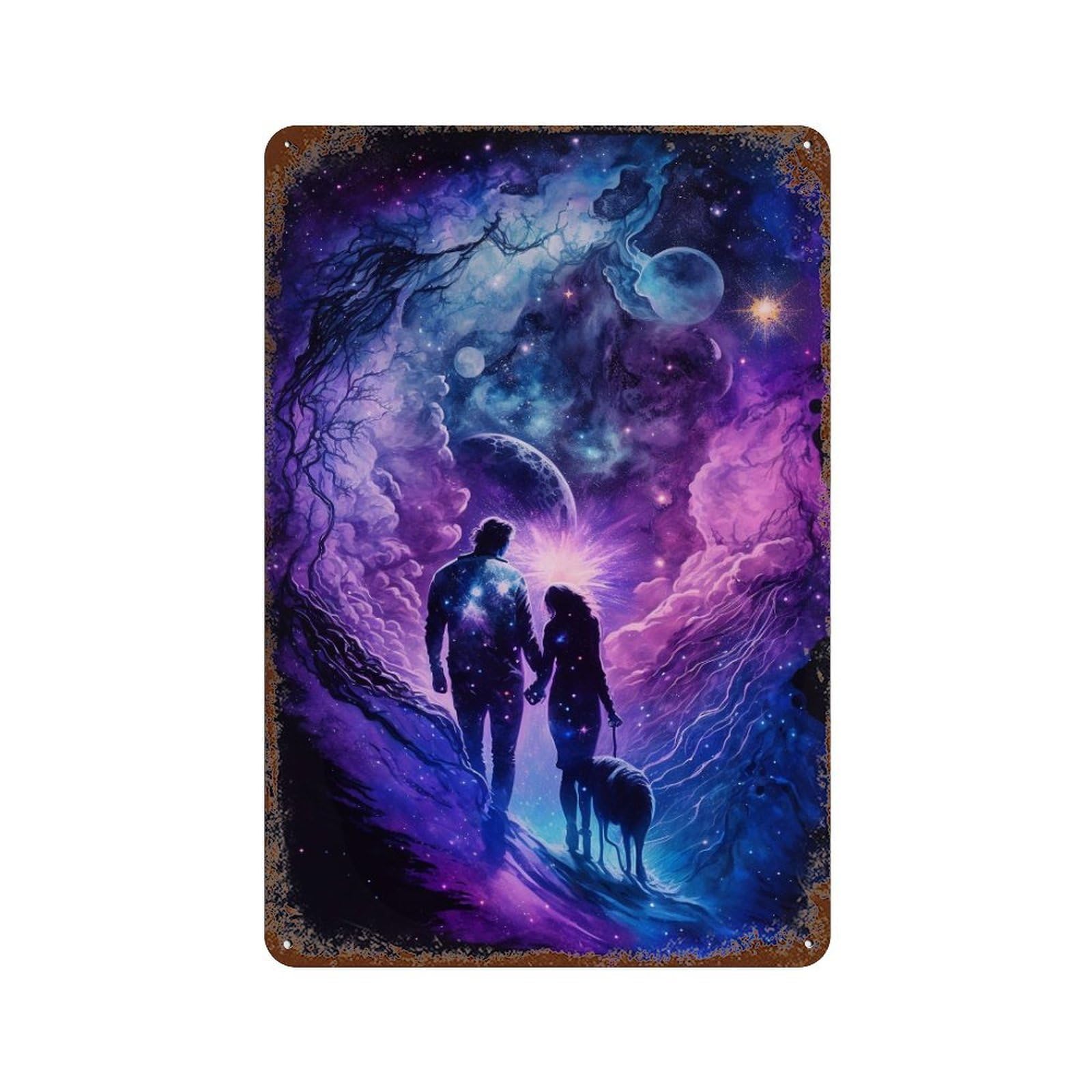 Rust Effect Galactic Walk with Your Furry Friend Distressed Metal Wall Sign 11.8"x7.9", Farmhouse Wall Decor for Office, Studio And Wall Decor
