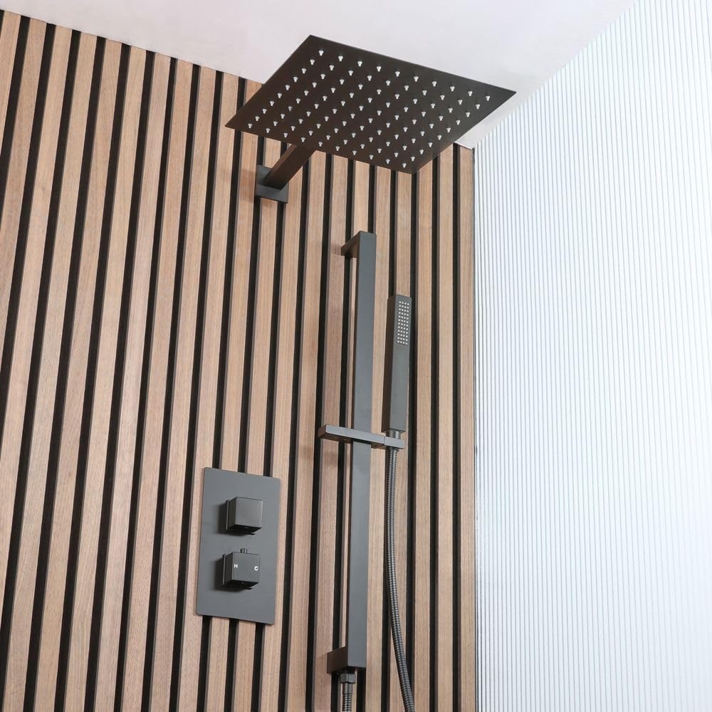 Milano Black Preto Thermostatic Mixer Valve 300Mm Shower Head Handset Riser Rail