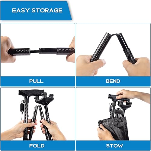 Miniatura 7 de Bastón plegable para caminar para hombres y mujeres, ultra ligero, resistente, altura ajustable, puntas de goma antideslizantes, bastón de pie,