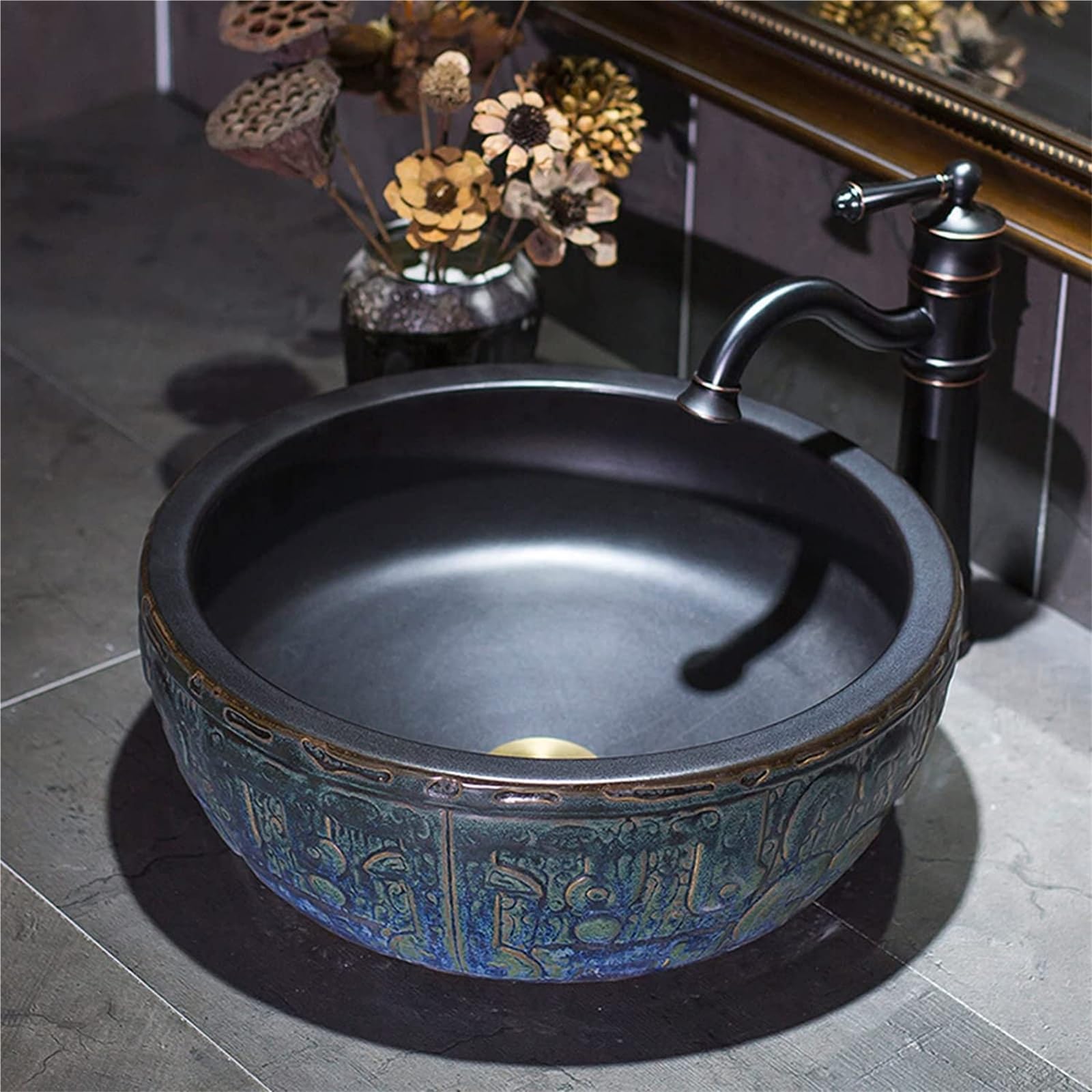 ASerZenith Bathroom Vessel Sink Ceramic Art Bathroom Vessel Sink Round, Industrial Style Countertop Basin Sink Retro For Cloakroom Bathroom, Hand-Carved Counter Top Washbasin(Basin+Accessoriesset)