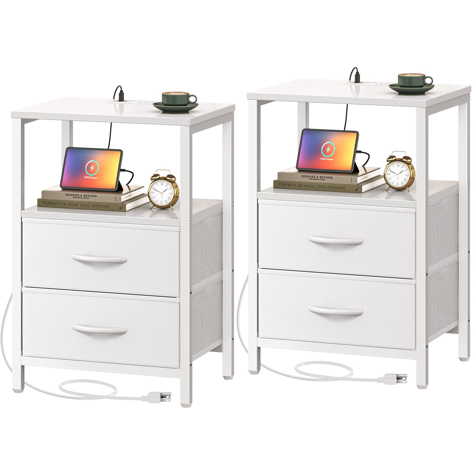 Huuger Nightstands Set of 2, End Tables with Charging Station, Side Tables with Fabric Drawers, Bedside Tables with USB Ports and Outlets, Night Stands, PU Leather, White