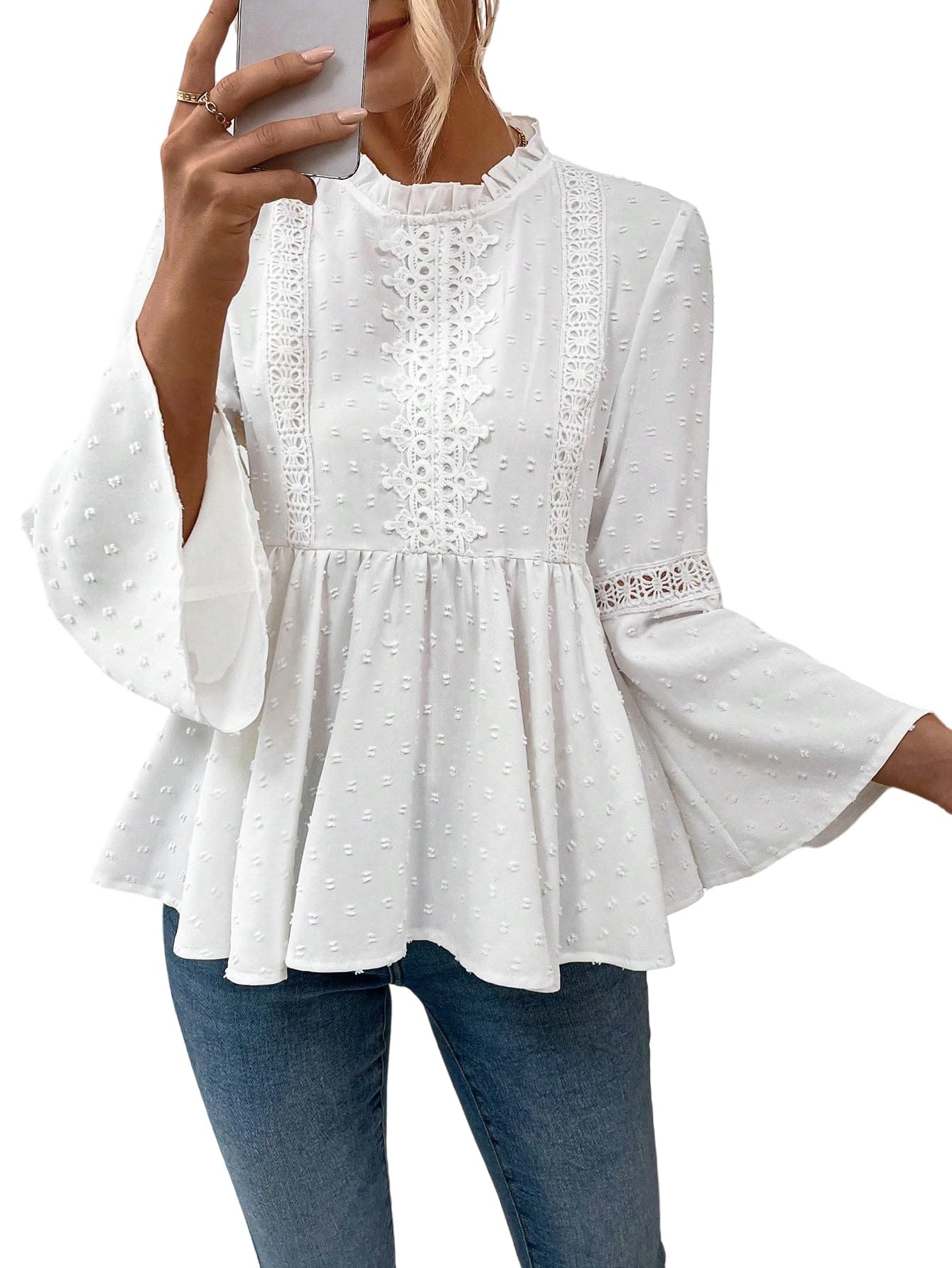 GORGLITTER Blusa elegante para mujer, cuello alto, con lunares suizos, manga de volantes, top de ocio, con encaje, bobydoll