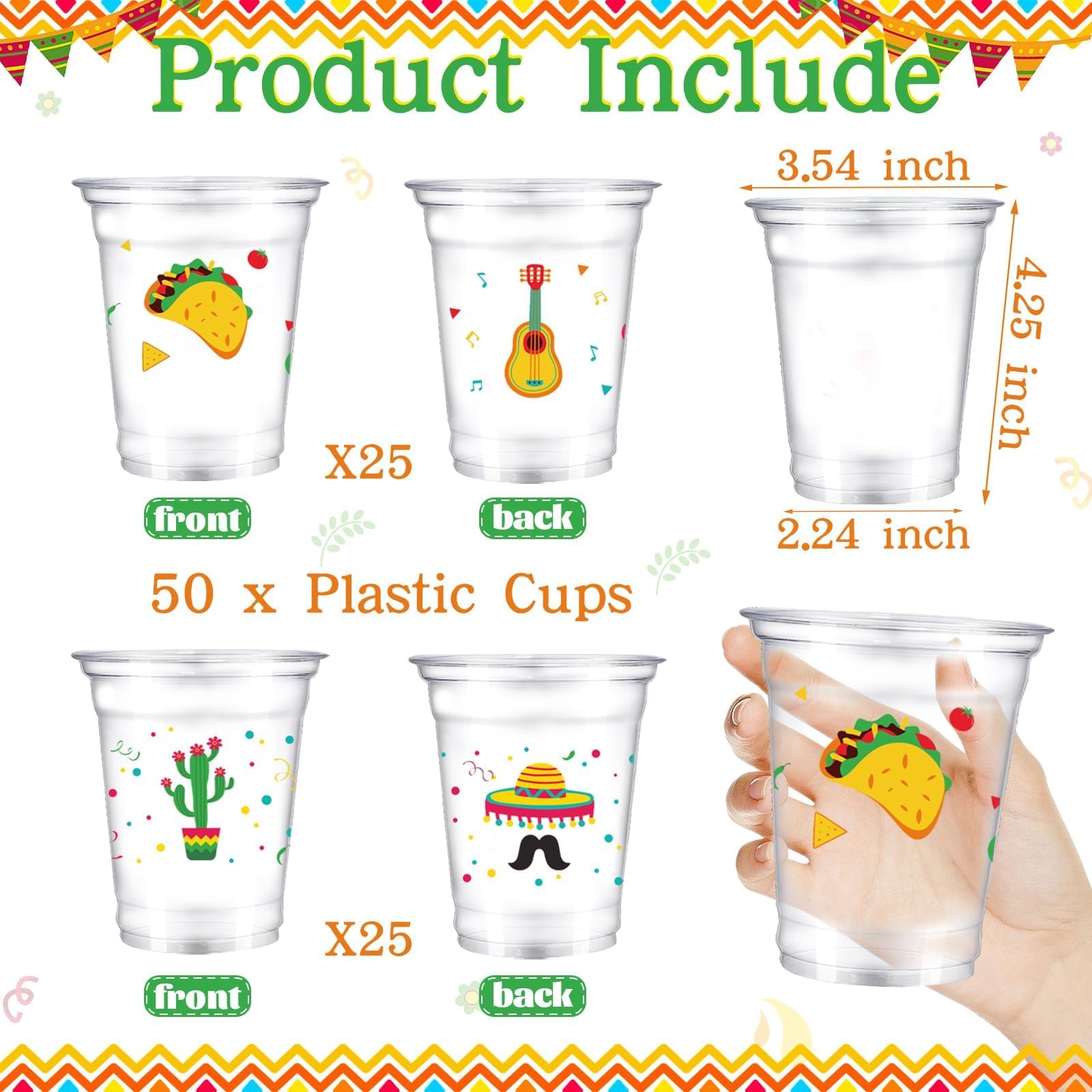 50 Pcs Fiesta Theme Cups 12 oz Drinking Cups Cinco De Mayo Party Decorations Mexican Disposable Clear Plastic Cup for CSummer Pool Mexicana Birthday Party Supplies