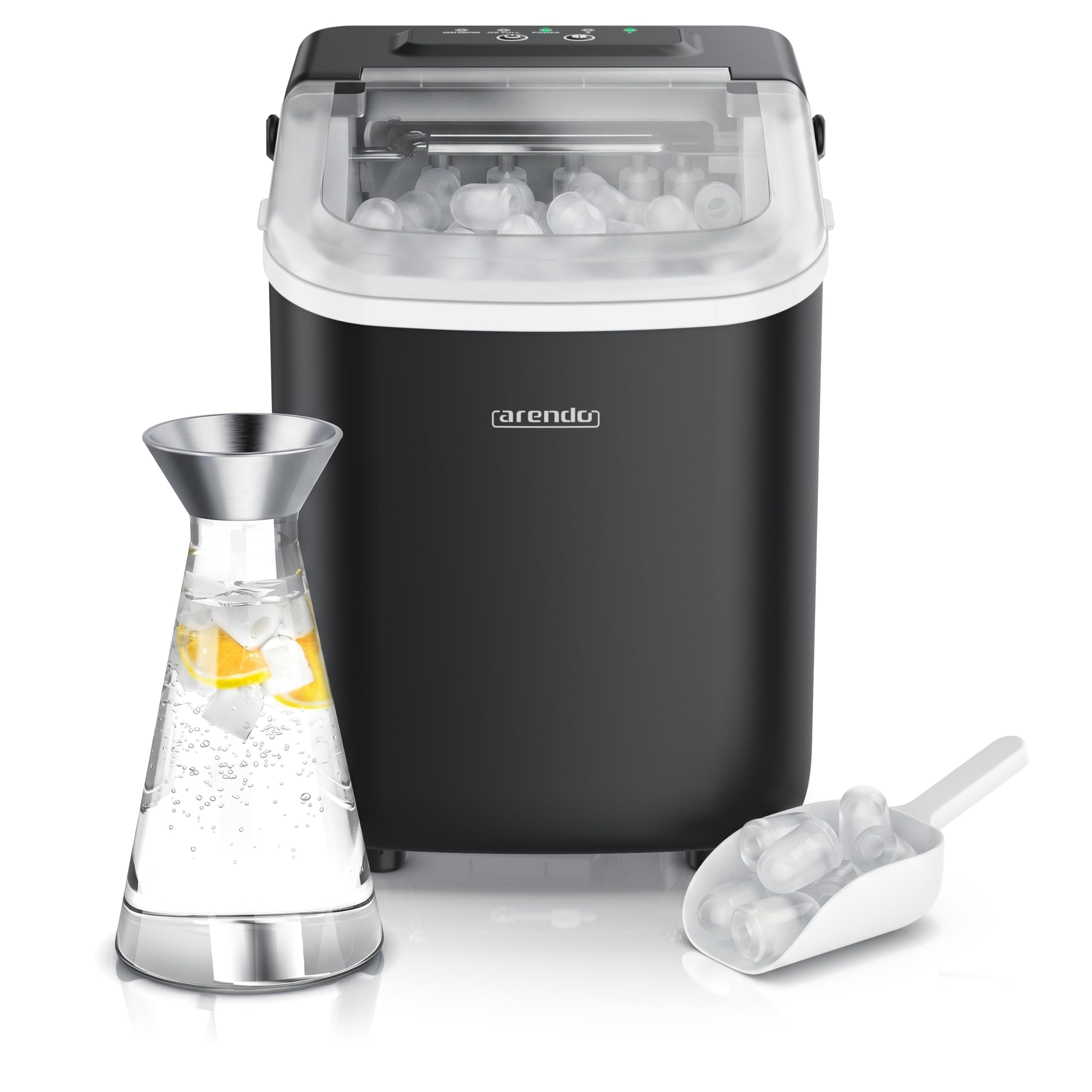Arendo - Eiswürfelmaschine klein – max. 12 kg Eis pro Tag – 2 Größen große Würfel und kleine Würfel - großes Sichtfenster – doppelwandig – Eiswürfel Bullet – Tragegriff - Ice Maker