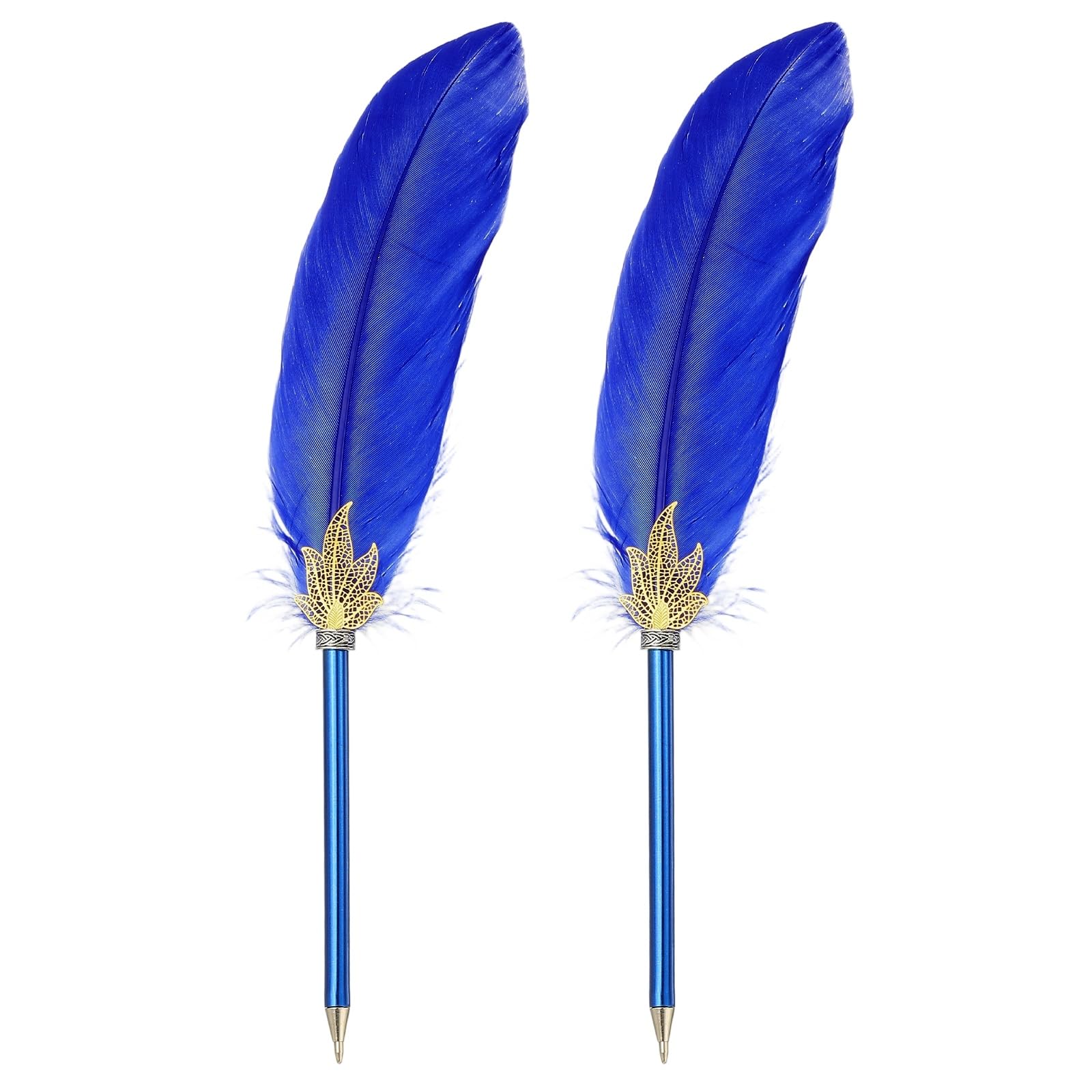 PATIKIL Feather Ballpoint Pens Bulk, 2Pcs Black Ink Vintage Plated Rod Quill Writing Pens for Office Wedding Guest Signature Gift, Blue