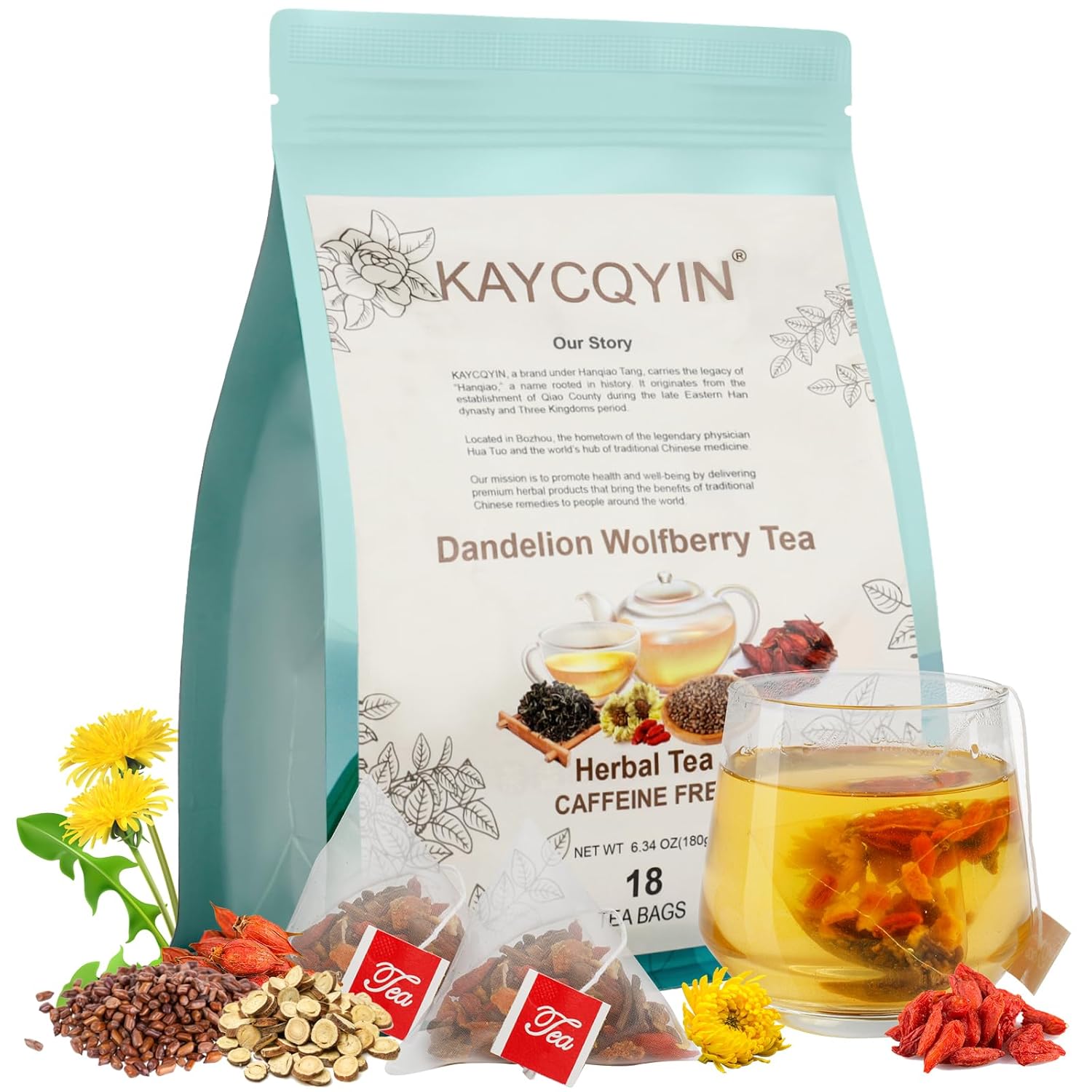 Dandelion Wolfberry Tea(18 Bags), Organic Dandy Liver Detox Herbal Tea Natural Blend with Dandelion Goji Berry Chrysanthemum Cassia Seed, 7 Ingredients and Caffeine Free