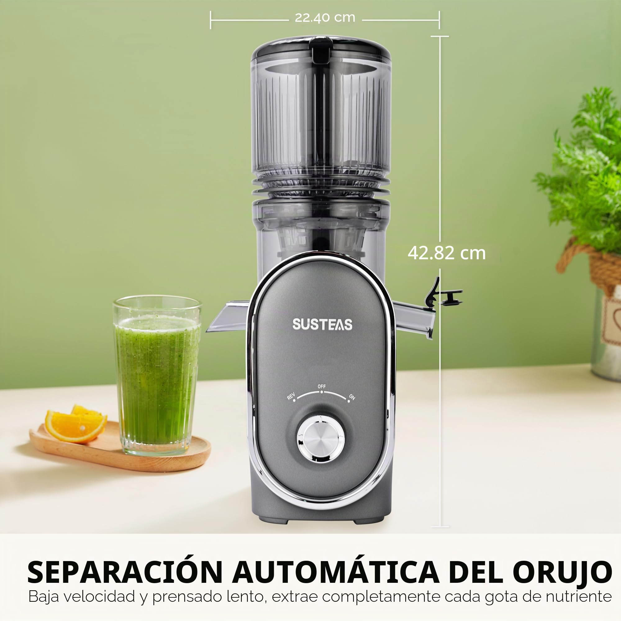 SUSTEAS Máquinas exprimidoras de prensa en frío, canal de alimentación de 13,5 cm (capacidad de 1,5 L), extractor de zumo de masticación lenta de 300 W para frutas y verduras enteras, alimentación