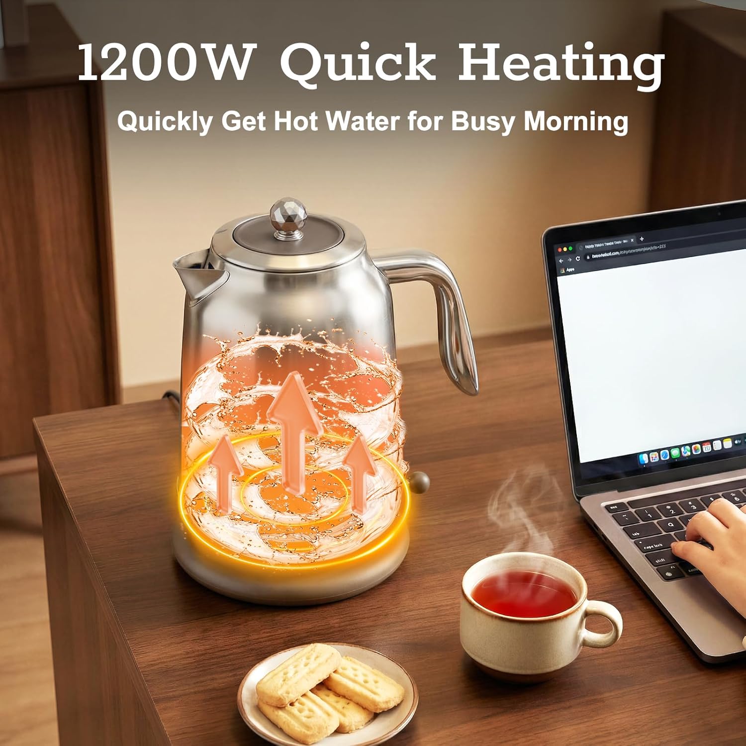 Trisiko® 1.7L Large Electric Kettle with Thermometer,57.oz Electric Tea kettle with Automatically Shut Off,304 Stainless Steel,1200W Hot Water Kettle Electric for Coffee&Tea (Chrome)