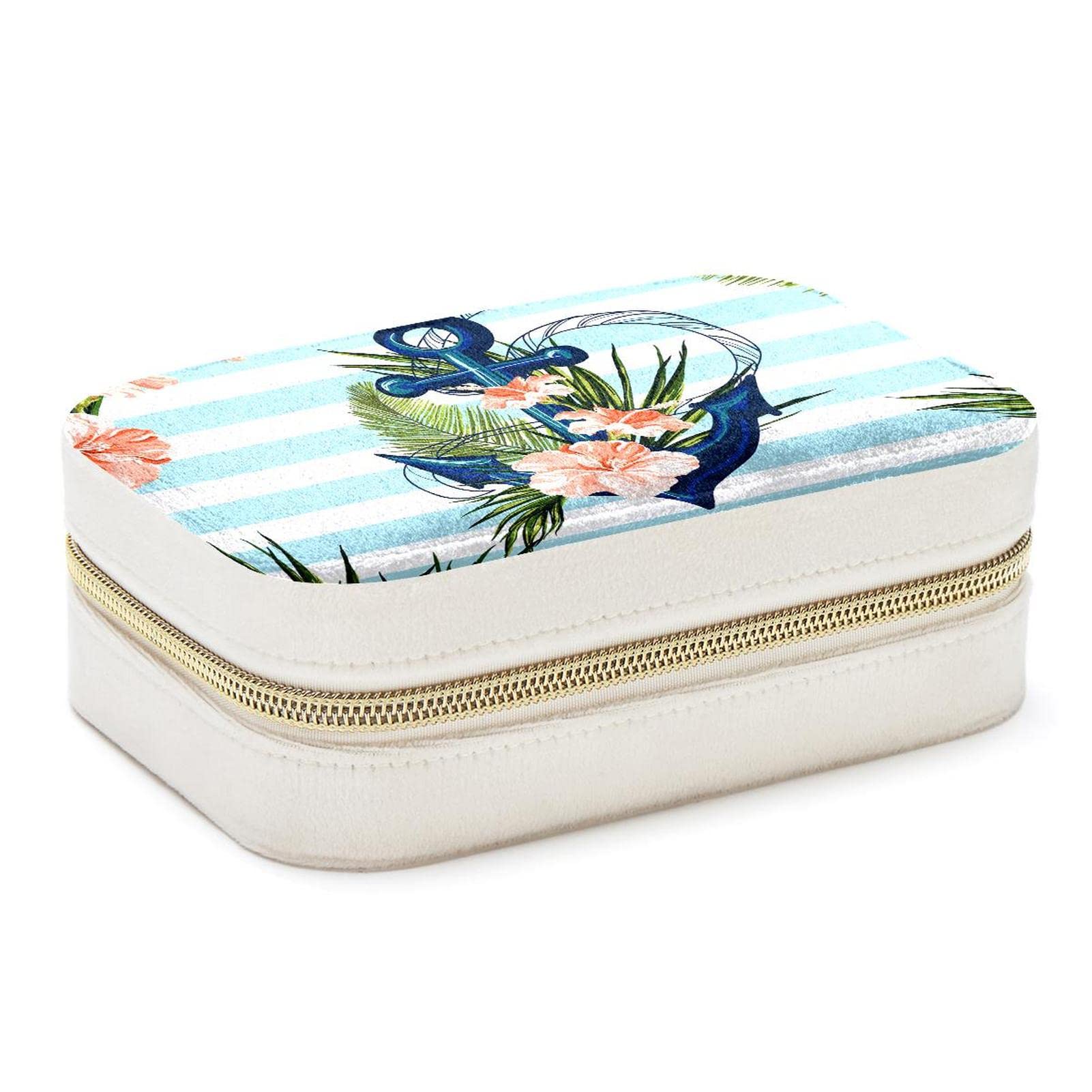 Boîte à bijoux de voyage portable à motif ancre tropicale pour bagues et colliers