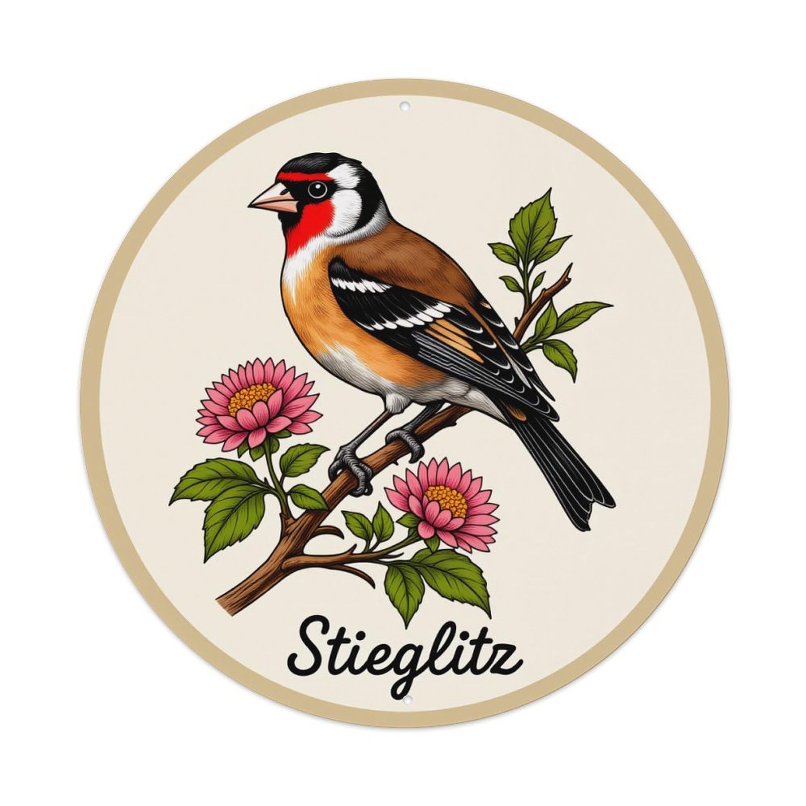 Bird On Branch With Flowers Round Tin Sign Vintage Metal Poster, Home Bar Garage Man Cave Cafe Indoor & Outdoor Wall Decoration 8x8Inches