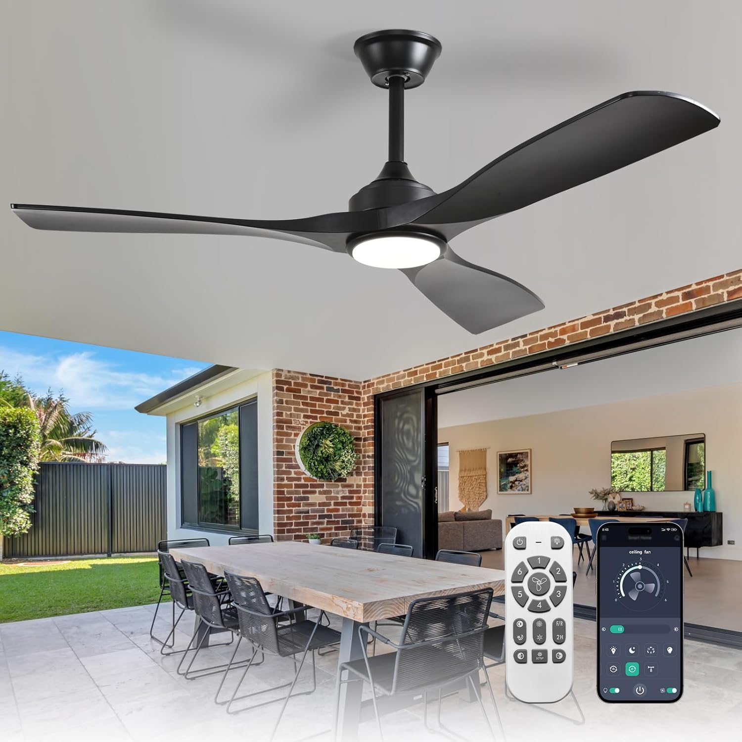 Depuley 52-Inch Ceiling Fan with Light: Black 3 Blade Outdoor Fans for Patios - Dimmable Indoor Fan with Remote APP Control Ultra Quiet DC Motor Reversible 6 Speed Timer Black 52 inch-with light
