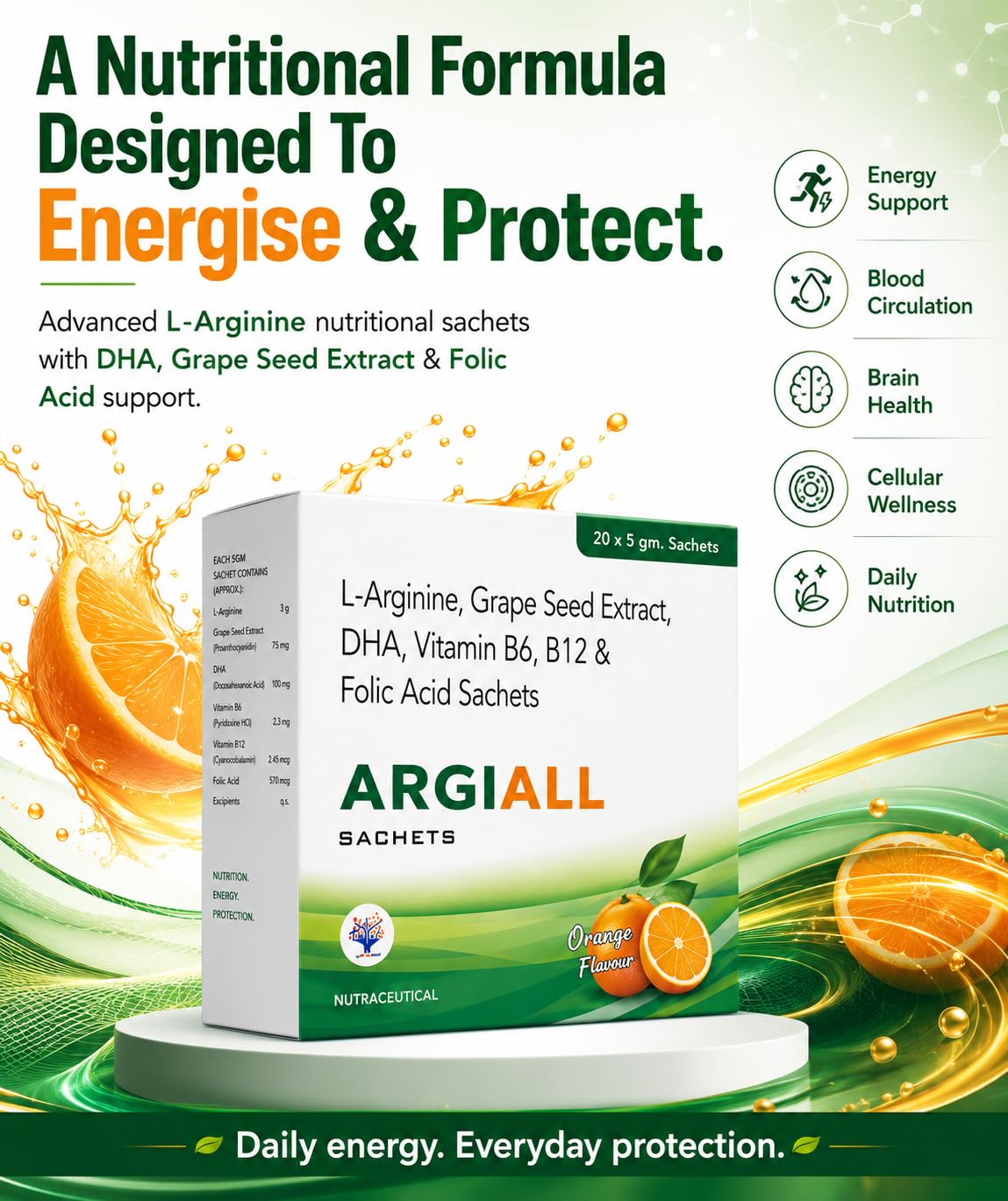 L-Arginine Sachets 3gm with DHA, Grape Seed Extract, Folic Acid, Vitamin B6 & B12 | Sugar Free Orange Flavour Energy & Circulation Drink Mix | Supports Blood Flow, Fatigue, Pregnancy Nutrition & Heart Wellness | 20 Sachets — Amazon image 2