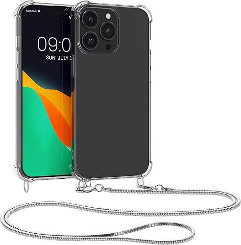 kwmobile Funda compatible con Apple iPhone 14 Pro Max funda cruzada transparente de TPU con correa de cadena de metal transparenteplateado