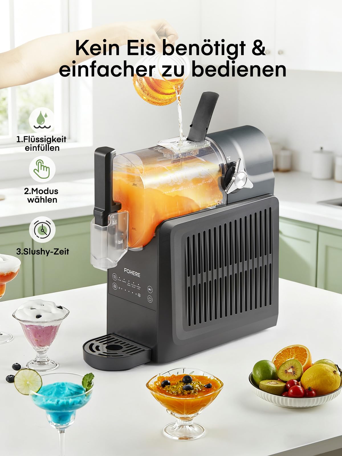 FOHERE Slush Maschine, 2,6L Slushie Maschine für Zuhause, Slush Eismaschine mit Selbstreinigung, Ohne Eiswürfel & 5 Smarten Programmen, für Slush, Eis-Cocktails, Frappé, Margaritas & Milchshakes