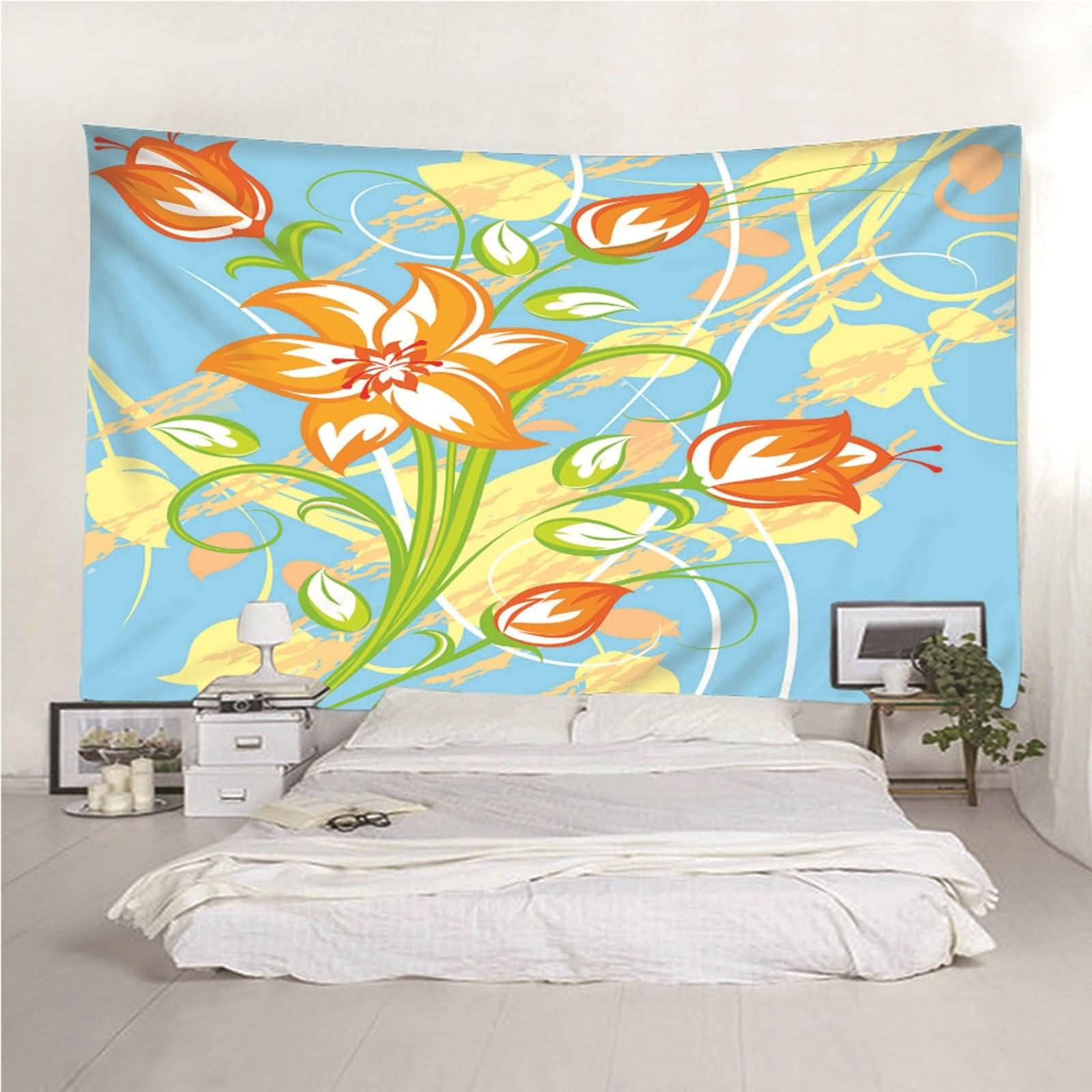 Tapiz Suelo, Decoración Pared Exterior Patrón de Flor de Flor de Tema Floral Poliéster Azul 210x140CM