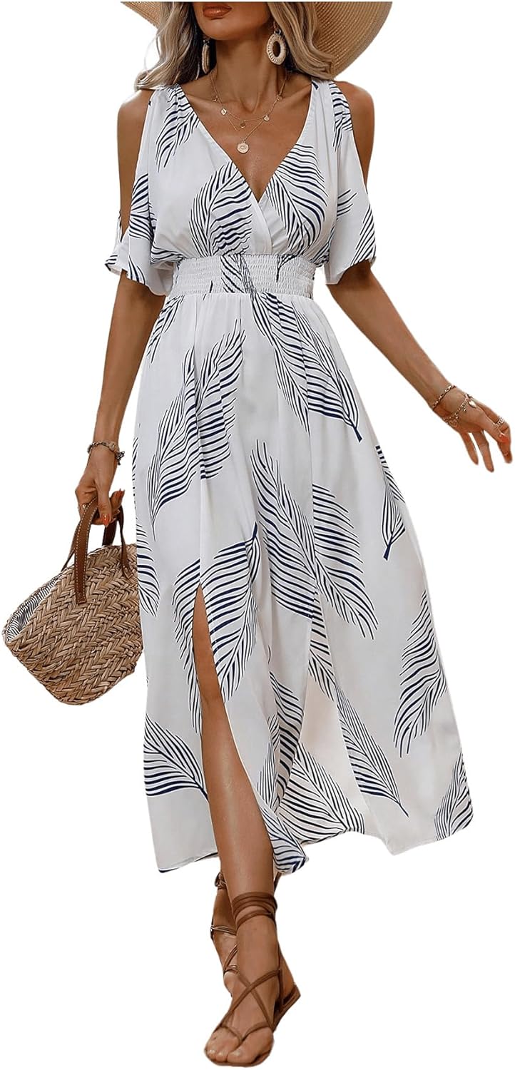 Verdusa Women's Summer Vacation Beach Dress Hawaiian Maxi Dresses Tropical Cold Shoulder Sundress - Image 4