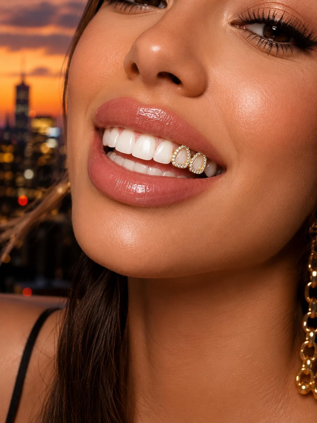 Rhinestone Teeth Grillz for Women Sparkly Gold Grills for Your Teeth Golden Mouth Grills Men Hollow Tooth Gems Cap Hip Hop Rapper Outfits Accessory for Concert Carnival Halloween Party Gift (Gold)