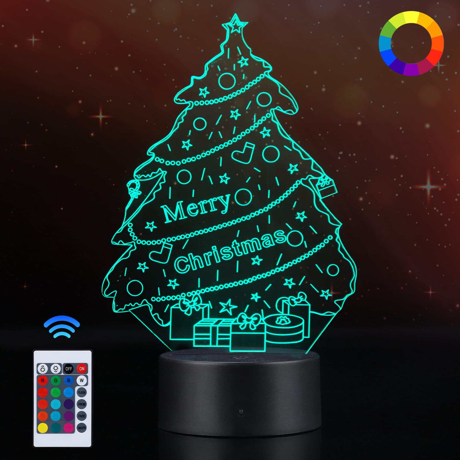 Mamowla 3D Night Light, Deco LED Lmpara con Control Remoto 16 Colores, Lampara LED 4 Modos de Flash LED Luz de Noche Lmpara de Escritorio para Decoración Navideña,Arbol de Navidad 3-4209-B