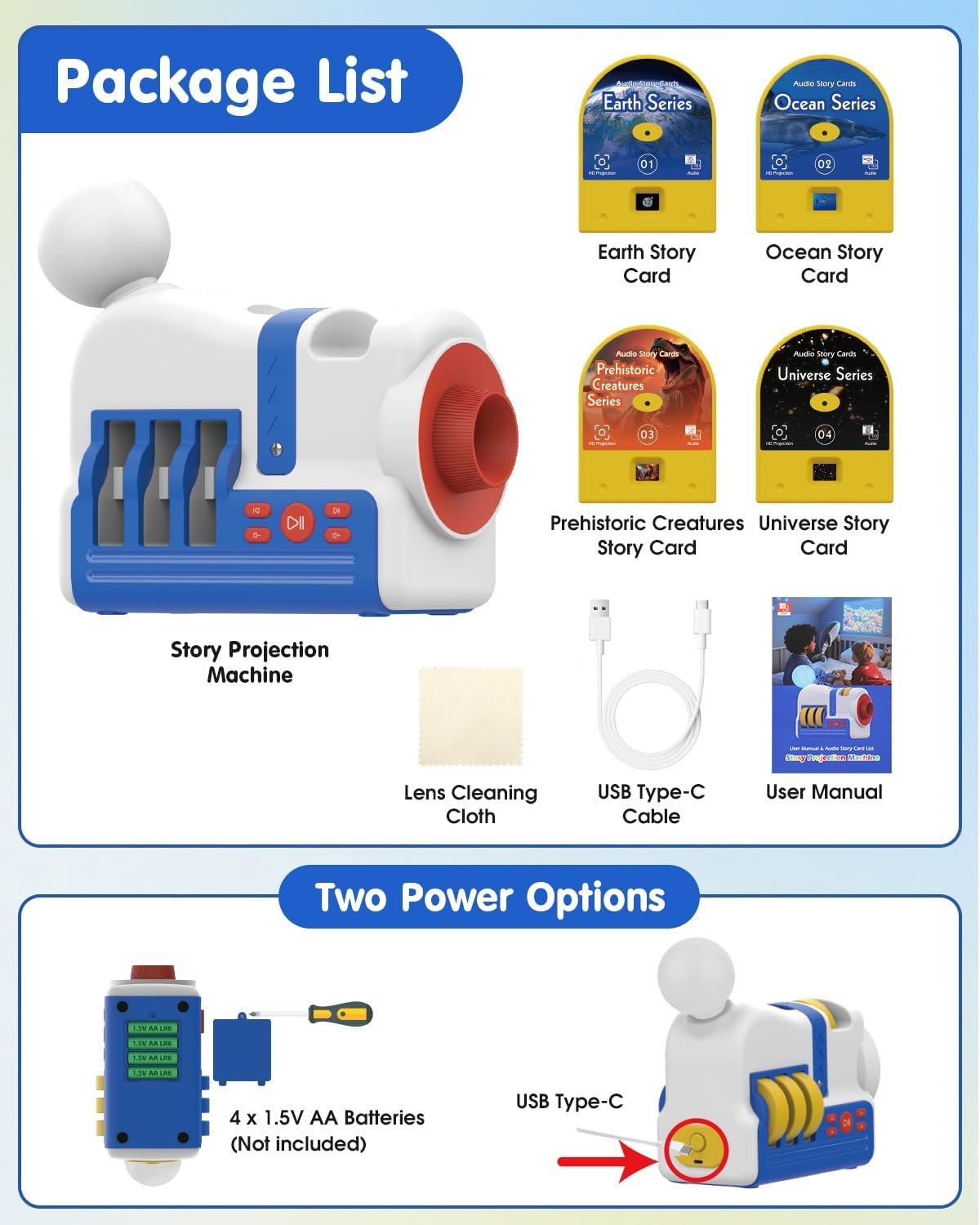 Story Projection Machine with 4 Story Cards, Built-in Audio Player, 9 Sleep Sounds & Gradient Night Light, Gift Toy for Toddlers and Kids (Boys & Girls) Age 3+, Battery or USB Powered