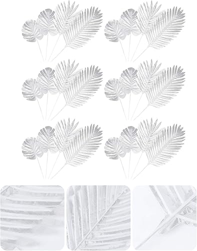 Miniatura 8 de PRETYZOOM 24 piezas de hojas de palma artificiales plateadas, plantas falsas para el hogar, centro de mesa, arreglo de boda, fiesta, diseño,