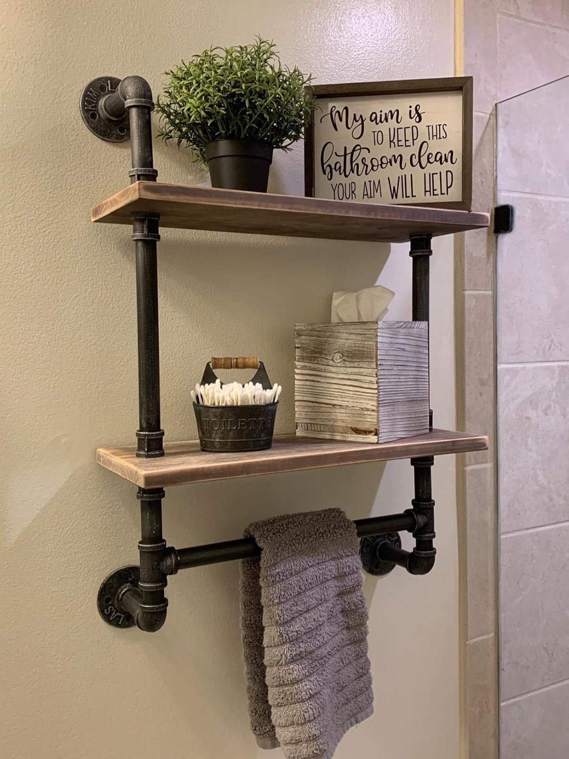 Industrial Pipe Bathroom Shelves – 2-Shelf Rustic Wood Shelf with Towel Bar, Floating Shelves