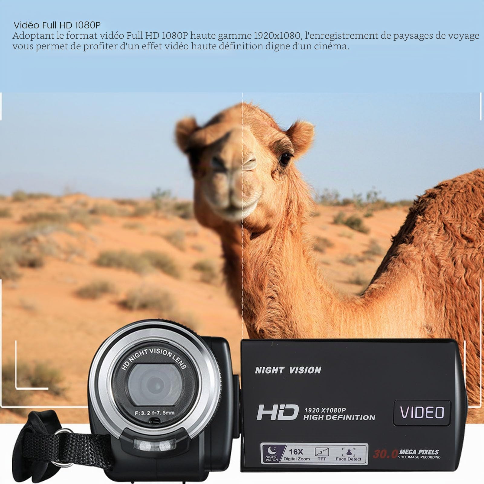 Jectse Caméscope Vidéo HD Handycam, Enregistreur de Caméra Vlogging à Vision Nocturne 30MP 1080P, écran IPS de 3,0 Pouces, Caméscopes à Zoom 16X, Caméra avec Micro pour la Photographie