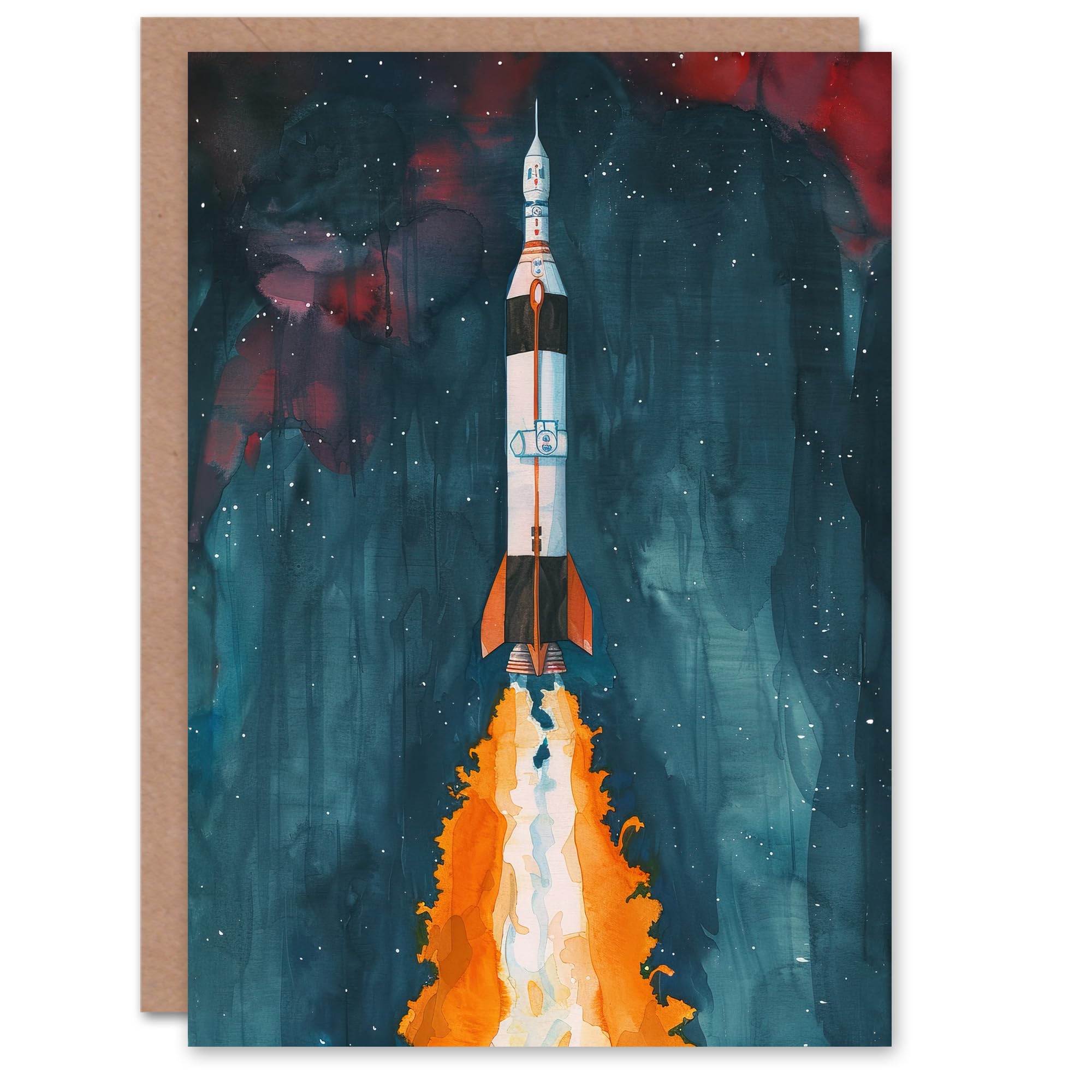 Artery8 Greeting Card Space Apollo 11 Saturn V Rocket Launch Painting For Child Kids Birthday Card