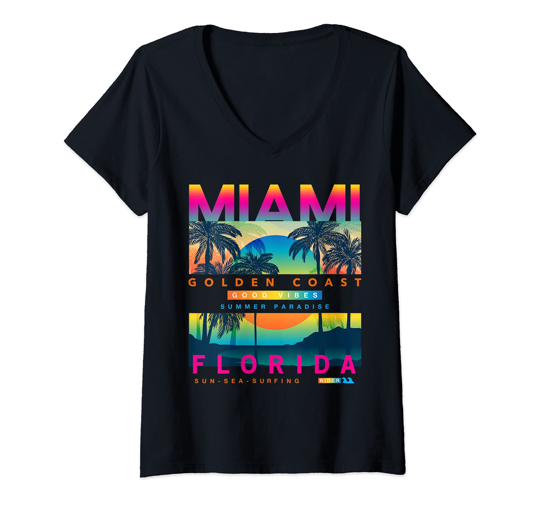 Womens I Love Miami, Wear Miami Florida Colorful Sunrise graphic V-Neck T-ShirtOEKO-TEX STANDARD 100
