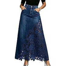 Tcremisa Womens Midi Denim Skirt Asymmetrical Lace Patchwork Long Skirts | Soft material,button and zipper closure,a line style,loose fit,two side pockets,solid color,perfect for streetwear