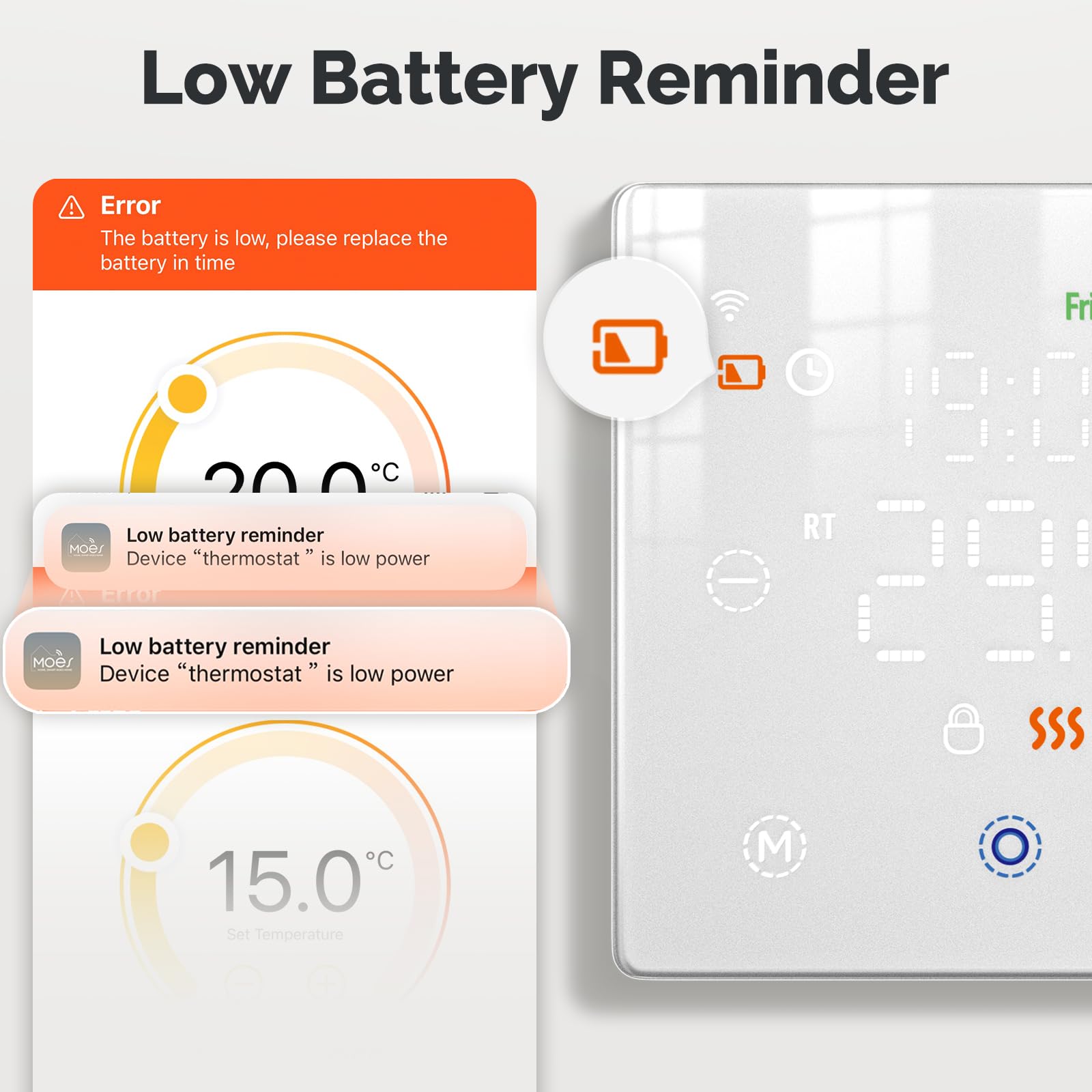 Termostato WiFi a Batterie Bianco, Smart per Caldaia a Gas, Display Touch 86x86mm, Compatibile TUYA Smart Life, Montaggio Parete o Incasso Scatola 502, Programmazione Settimanale