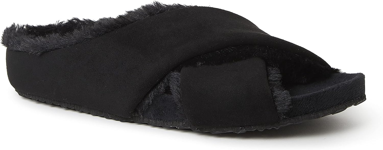 Dearfoams Women's Maeve Crossband Molded Footbed Slide Slipper, Microsuede Black, Large