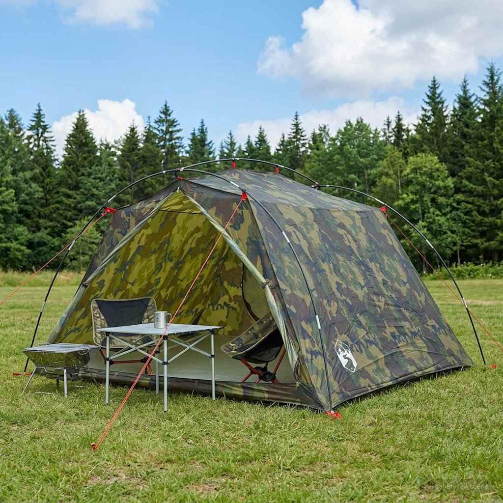 Tunnelzelt Tarnung aus 185T Polyester mit PU-Beschichtung, 4-Personen, wasserdicht und Winddicht, leichtes Campingzelt mit Mesh-Belüftung für Outdoor Trekking, Strand, Festival
