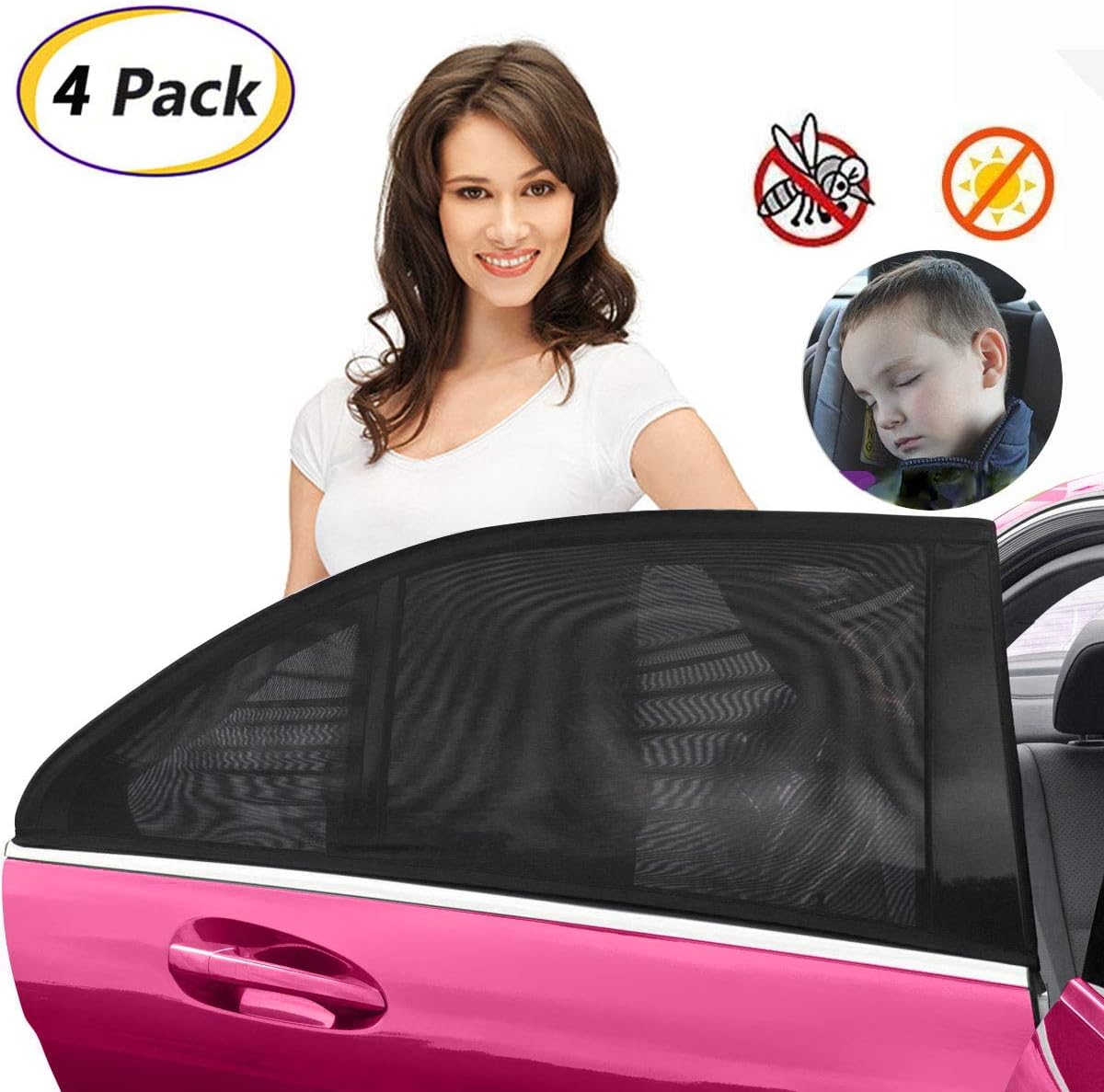 Car Window Shade for Baby Side Winow Sun Shades, Front and Rear Car Curtain Breathable Mesh Sun Shield Protect Baby & Pet from Harmful UV Rays & Sun's Glare & Mosquito Insect - 4 Pack
