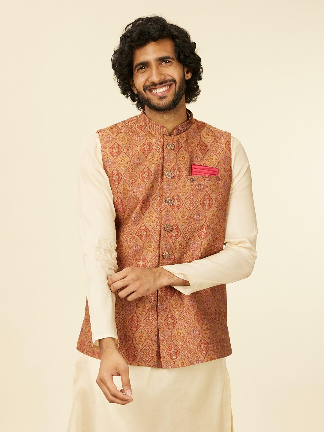 Manyavar Ricamo in broccato ruggine|Jacquard|Giacche Zari per Uomo