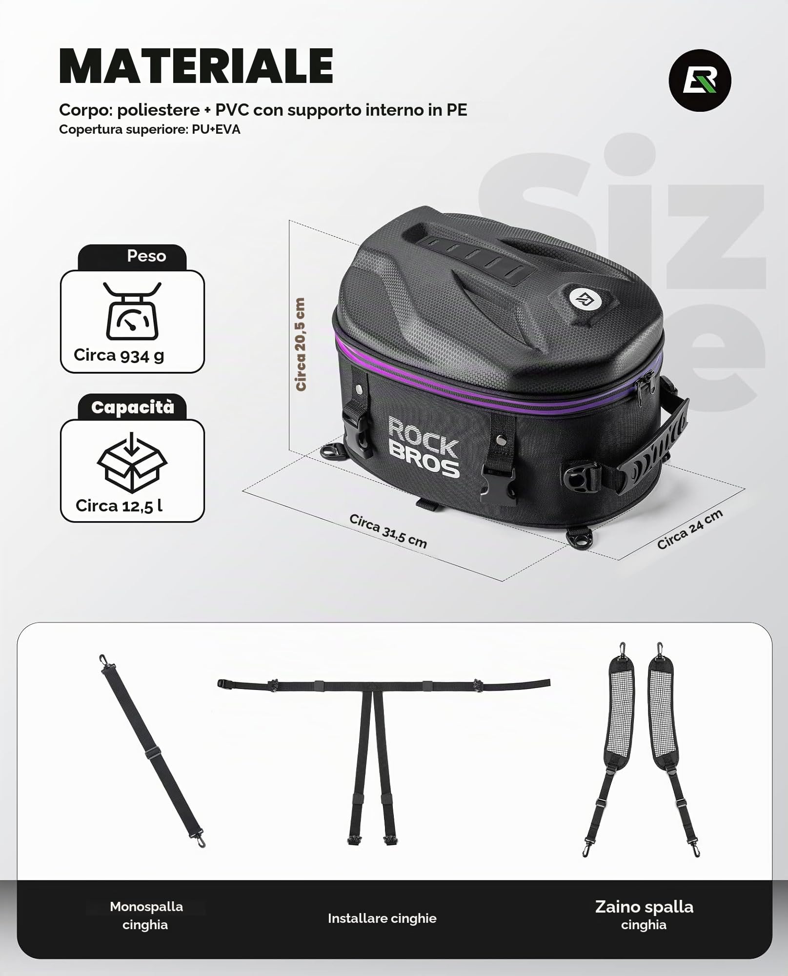 ROCKBROS Borsa Posteriore Impermeabile per Sella Moto, Bauletto Rigido, Doppio Uso per Portapacchi e Casco, Grande Capacità 12.5L, Copertura Antipioggia in Regalo